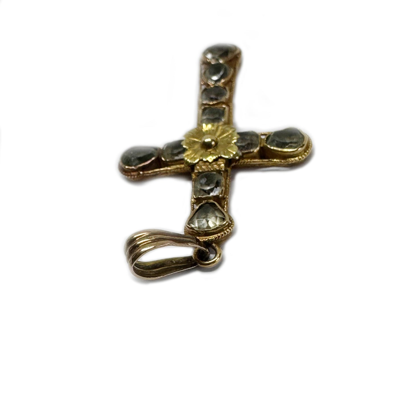 Antique 14k Gold Chrysoberyl Cross, 1700s Portuguese Crucifix Pendant, Georgian Jewellery, Baroque, Colonial Jewelry 18th Century Chrysolite