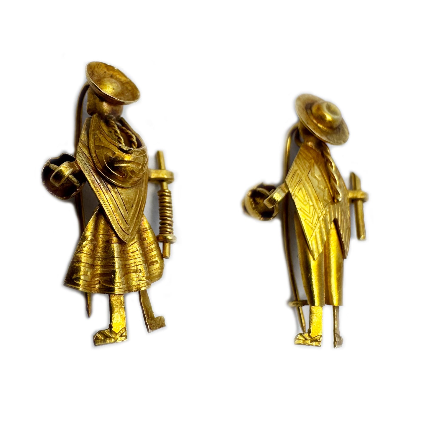 Antique 18k Gold Brooch Pair,  Peruvian Peasant Couple Pins, 18 ct Solid Gold Ethnic Jewellery, Folk Charm c.1900s, South America Treasure