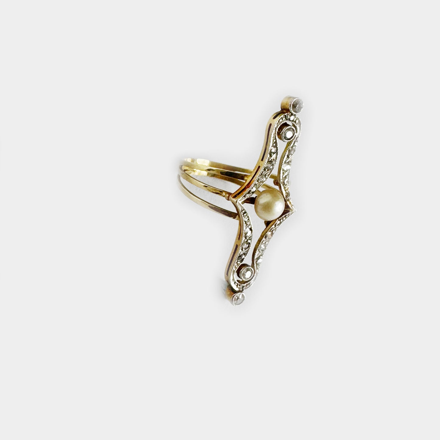 Antique 18k Gold Diamonds Pearl Ring, Art Nouveau 1910 Edwardian Natural Pearl 18 ct Ring, Vintage Cultured Pearl Cut Diamond Ring, 5 grams