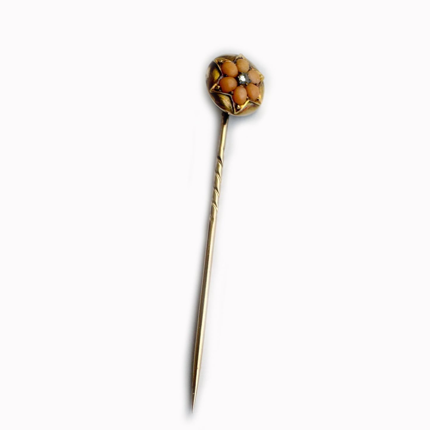 Victorian 9k Rose Gold Stick Pin with Coral and Diamond, Antique Flower Tie Pin, 19th Century Jewellery, Vintage 9ct Gold Lapel Pin Stickpin