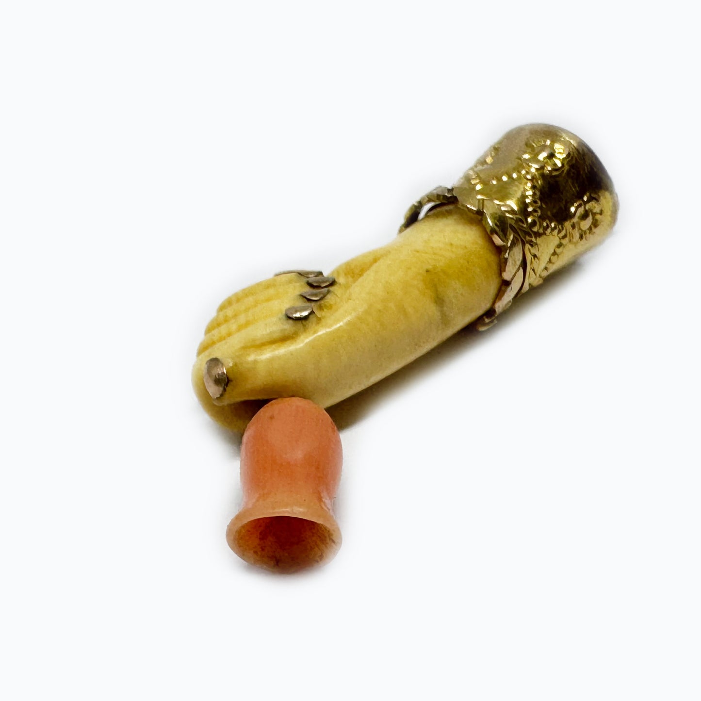 Antique 9k Gold Bone Figa Pendant, Victorian Coral Flower Amulet