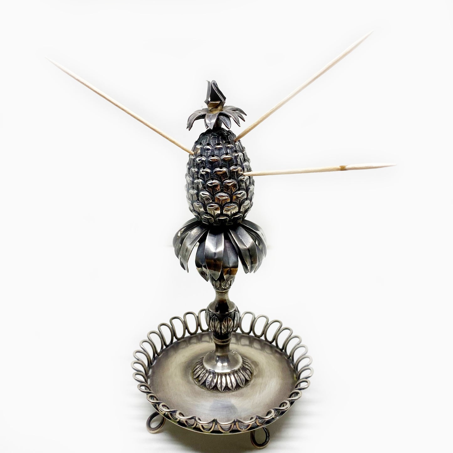 ntique Sterling Silver Pineapple Ornament, Portuguese 916 Silver Toothpick Holder