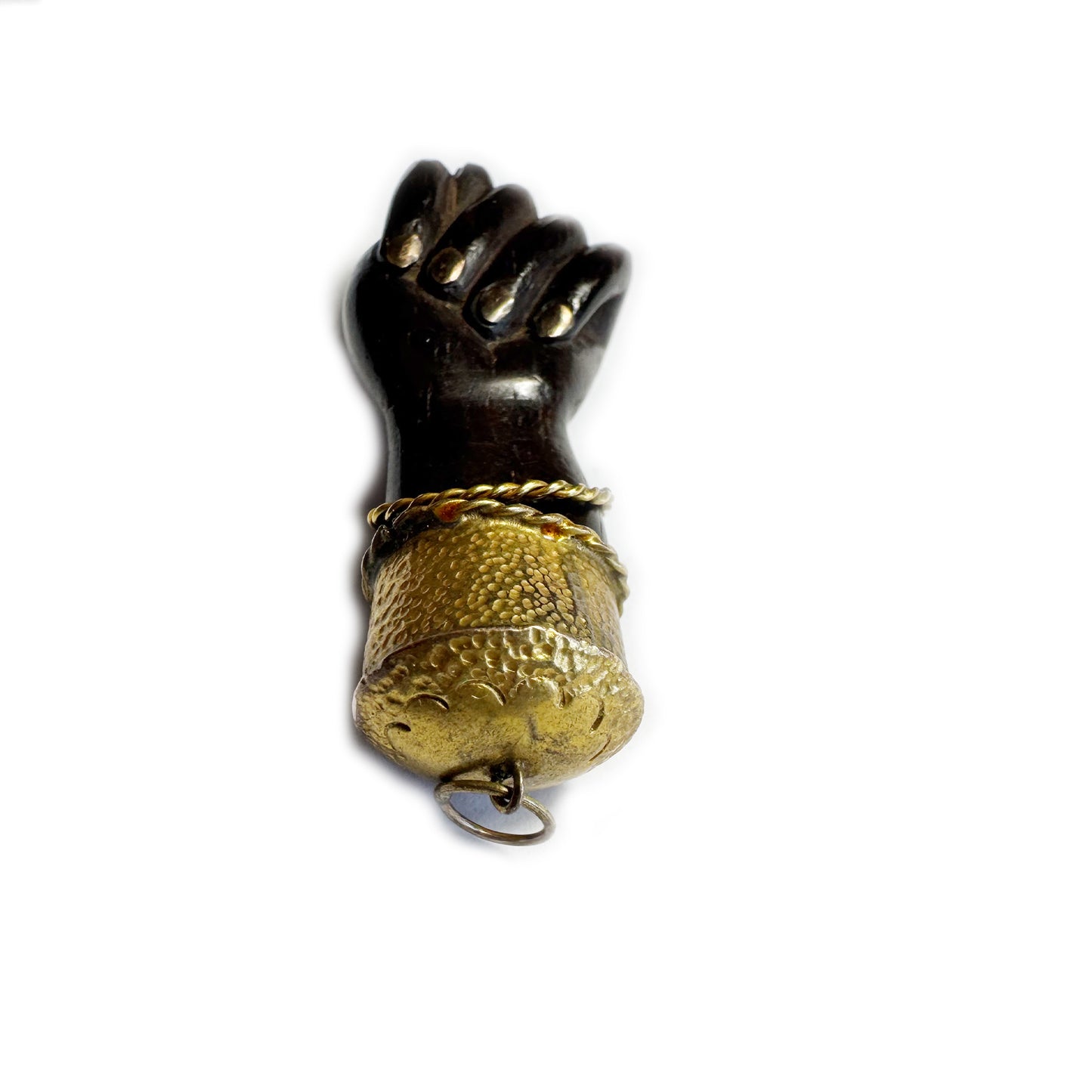 Large Vintage Wood Figa Hand Amulet, Gold Tone Metal Mount & Nails, Good Luck Charm, Afro Brazilian Protection Talisman, Figa Charm