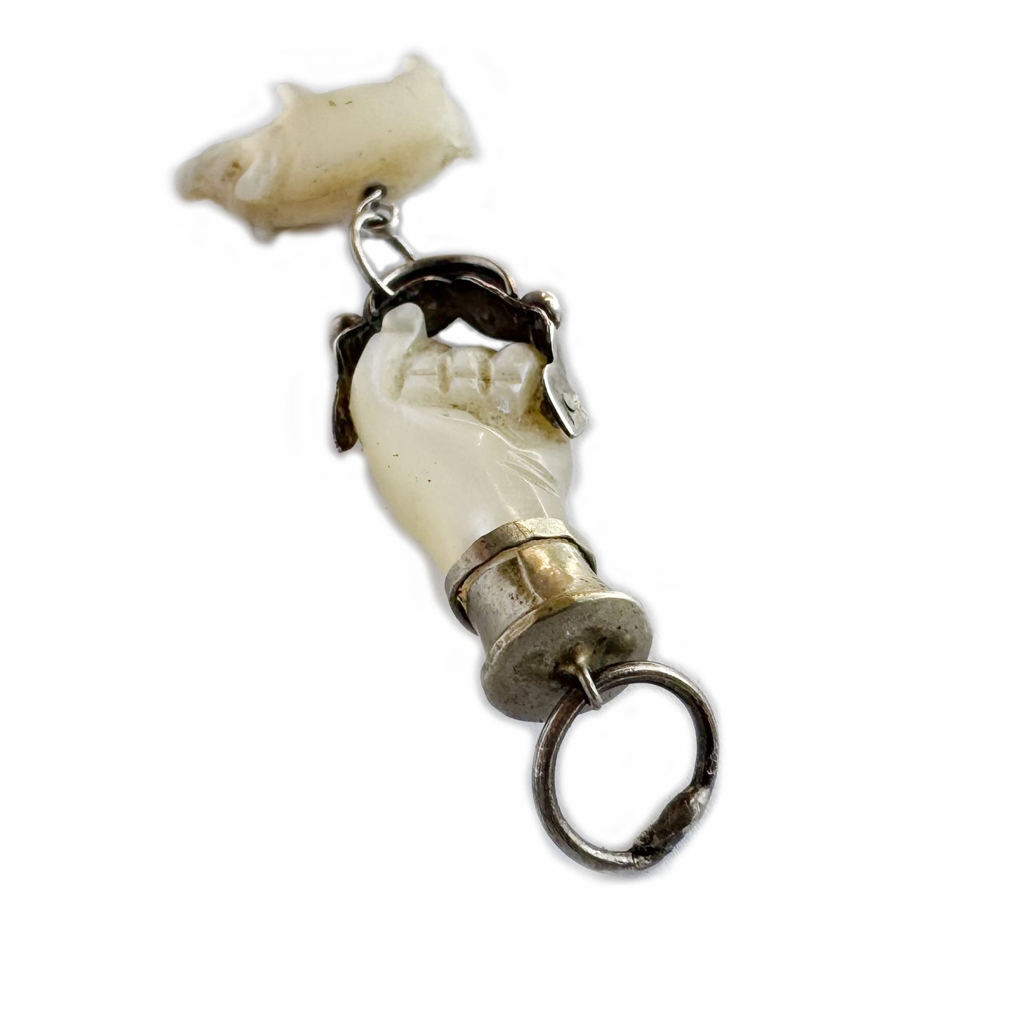 Antique Figa, Carved Mother Of Pearl, Silver Lucky Charm, Fist, Hand Pendant, Amulet, Figa Charm, Mano Figa, Victorian Charm with Pig