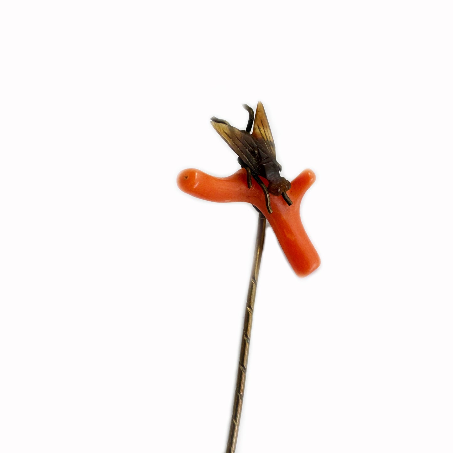 Antique Coral Pin, Victorian Coral Branch Stick Pin Brooch, Carved Horn Fly Insect Tie Pin, Novelty Treasure, Lucky Charm, Orange Coral