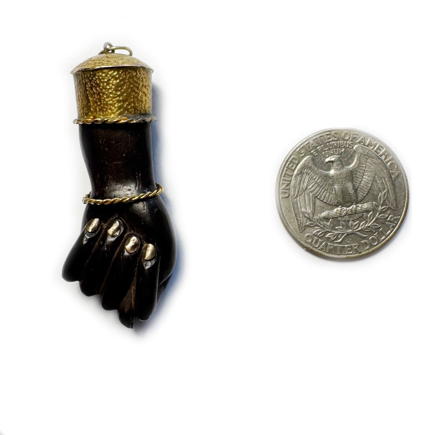 Large Vintage Wood Figa Hand Amulet, Gold Tone Metal Mount & Nails, Good Luck Charm, Afro Brazilian Protection Talisman, Figa Charm