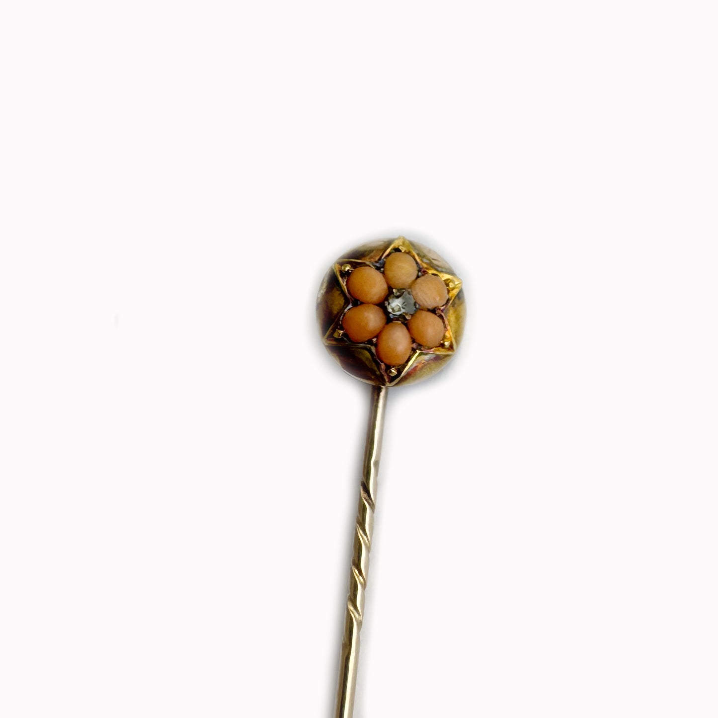 Victorian 9k Rose Gold Stick Pin with Coral and Diamond, Antique Flower Tie Pin, 19th Century Jewellery, Vintage 9ct Gold Lapel Pin Stickpin