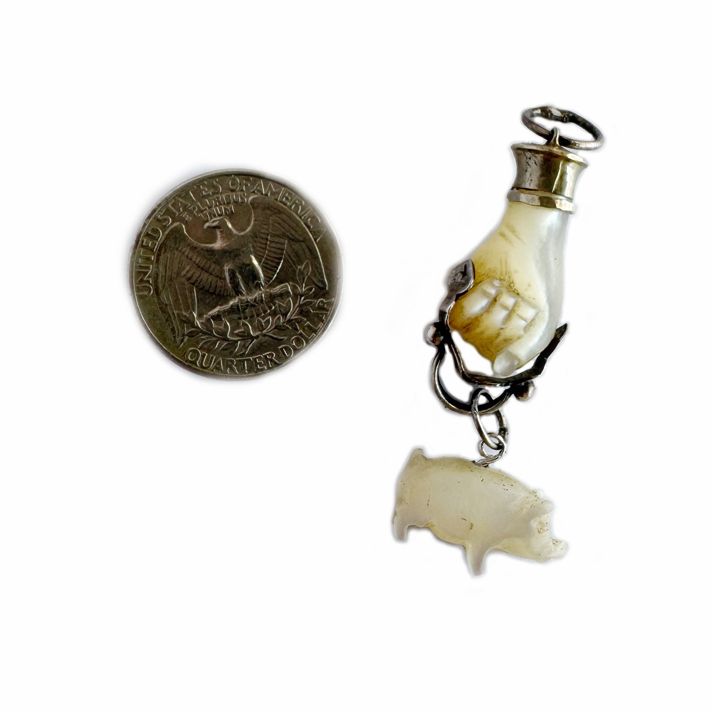 Antique Figa, Carved Mother Of Pearl, Silver Lucky Charm, Fist, Hand Pendant, Amulet, Figa Charm, Mano Figa, Victorian Charm with Pig