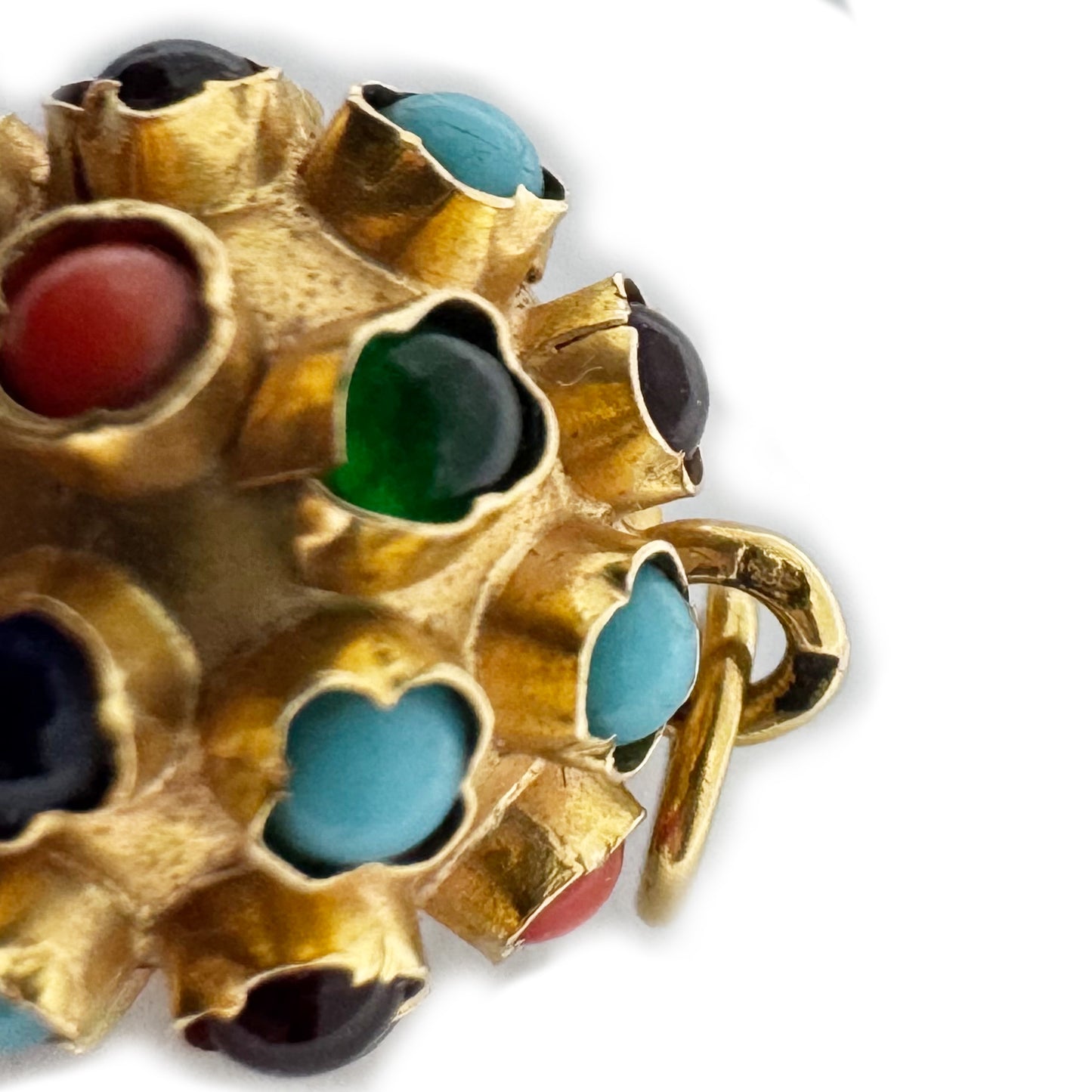 Vintage 19.2k Gold Sputnik Charm Pendant, Portuguese Orb with Coral & Multi-Gemstones, 1970s Solid Portuguese Gold 3D Ball