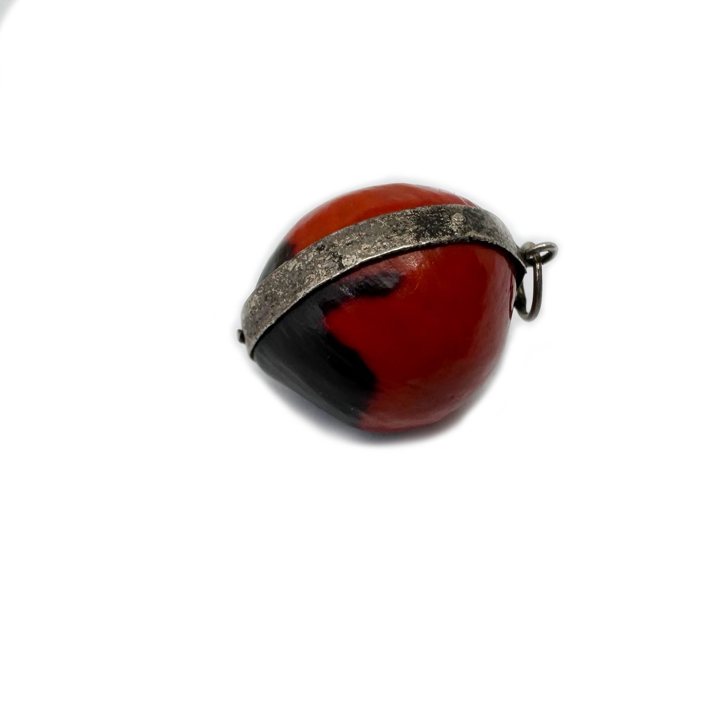 Rare Antique Silver Peruvian Wairuru Seed Charm, 1800s Pendant Good Luck Amulet, Crab Eye, Sailors Valentine, Victorian Lucky Seed