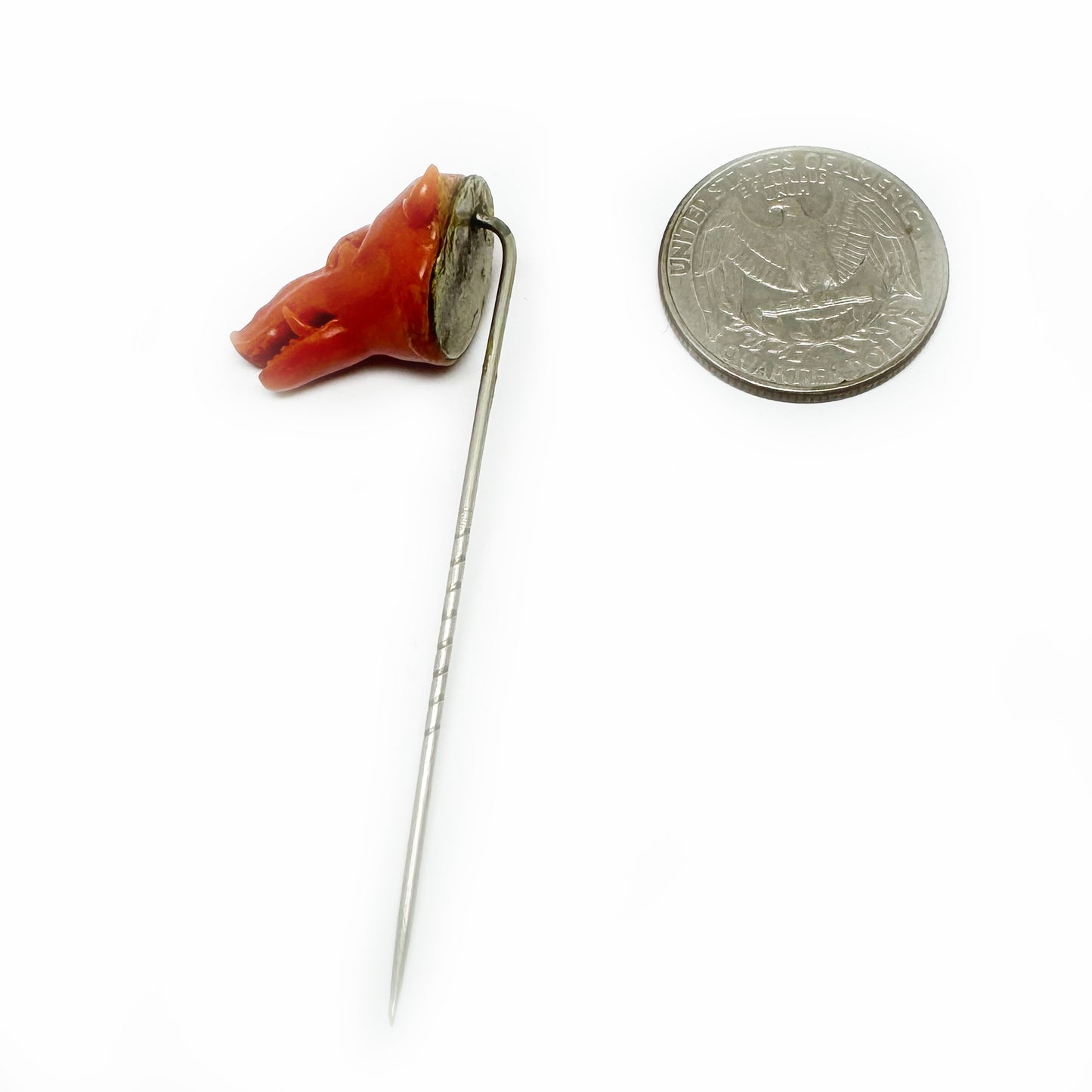 Antique Carved Coral Wild Boar Stick Pin, Victorian Animal Head Tie Pin, Mediterranean Figural Coral Jewelry