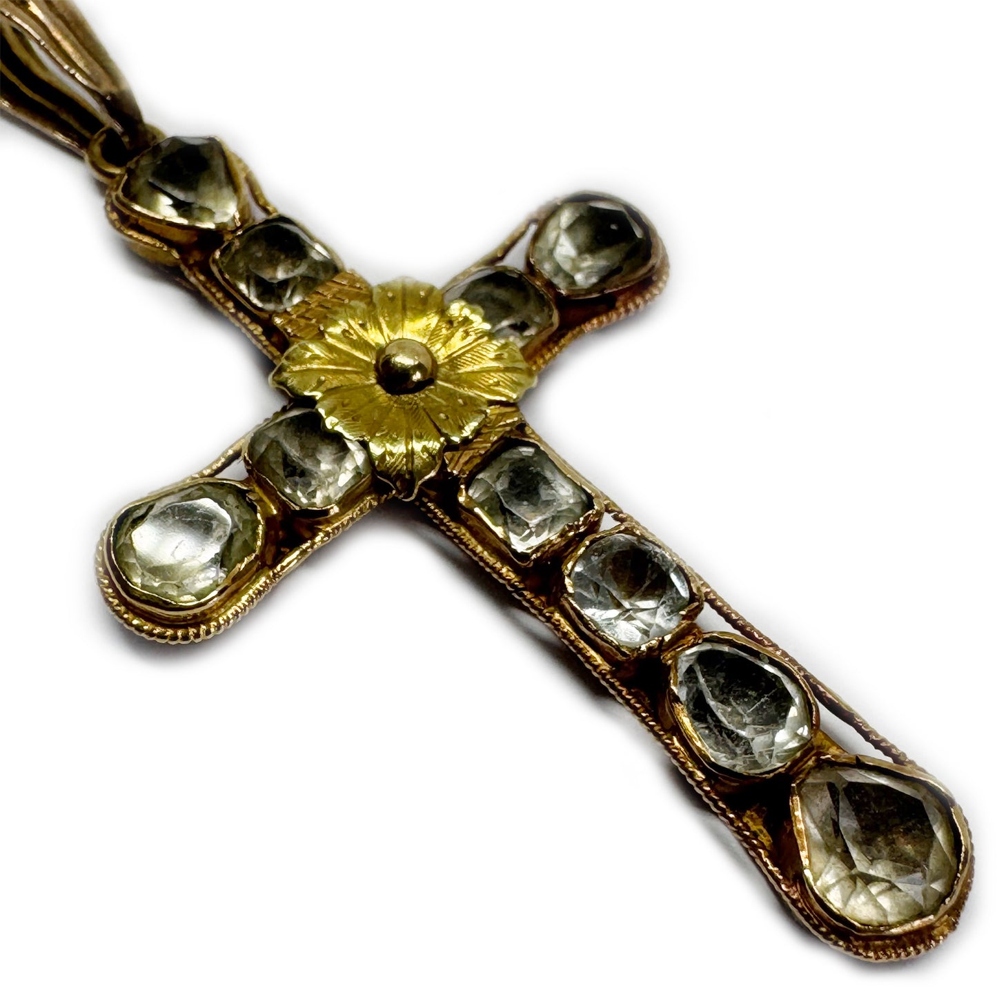 Antique 14k Gold Chrysoberyl Cross, 1700s Portuguese Crucifix Pendant, Georgian Jewellery, Baroque, Colonial Jewelry 18th Century Chrysolite