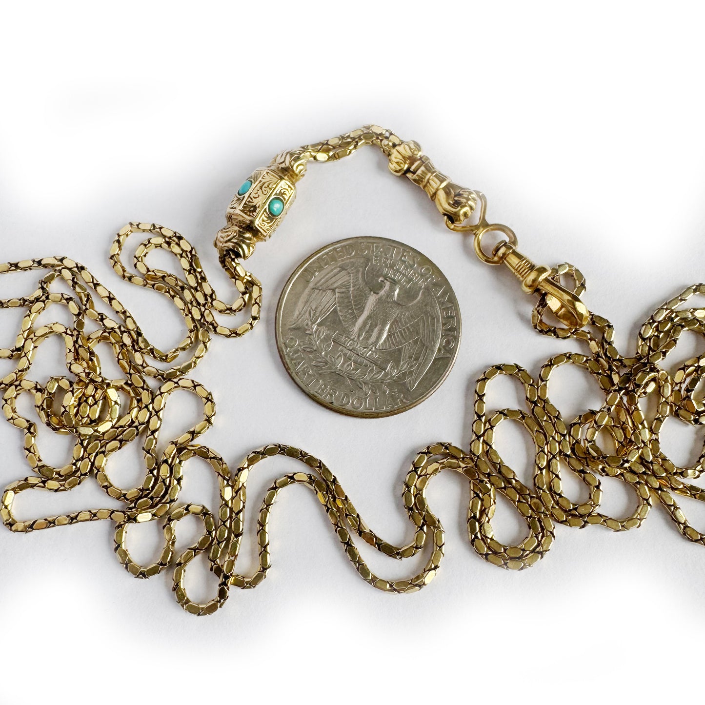 Antique 18k Gold French Guard Chain, Georgian to Early Victorian, Turquoise Slide, Fist Clasp, 18 ct Gold Rare Delicate 19.0 Grams Necklace