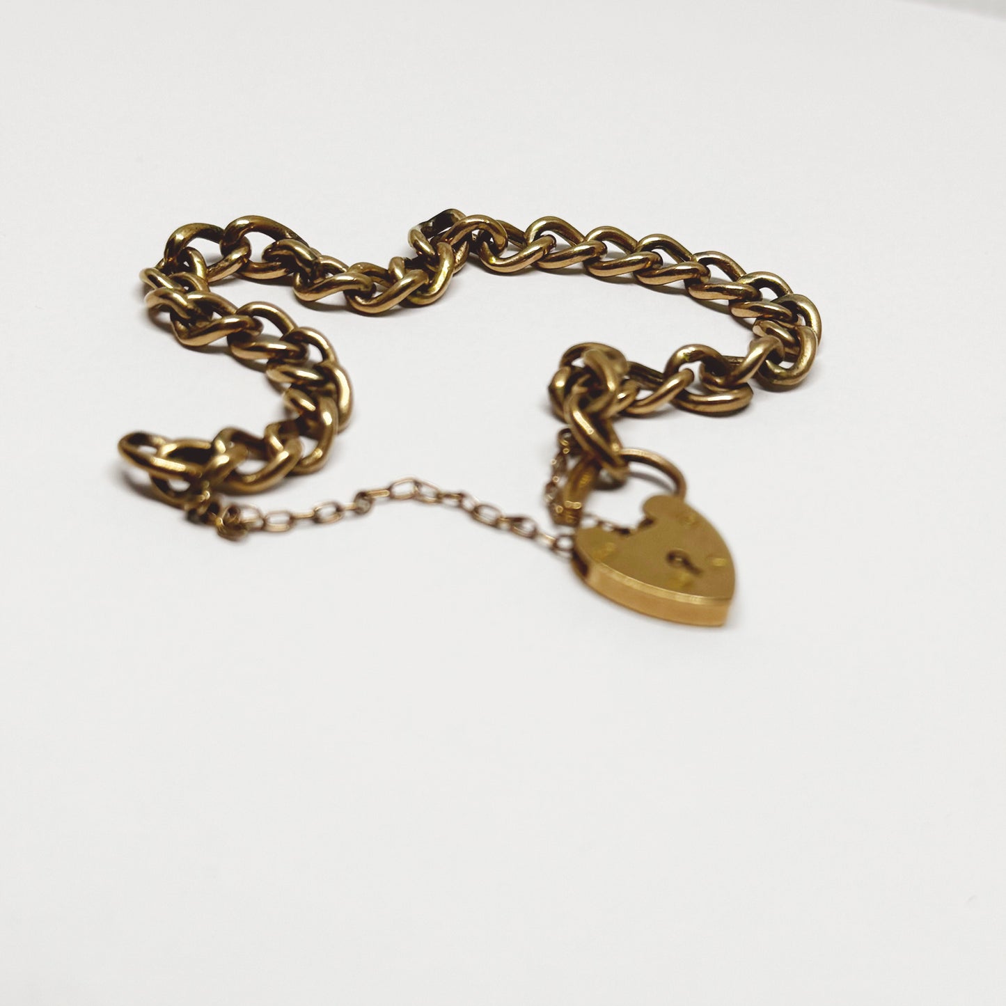 Victorian 9k Rose Gold Curb Link Heart Bracelet, 9 ct Gold Chain Bracelet, Heart Clasp, Fancy Curb, 9 ct Gold, 9K Gold Charm Bracelet