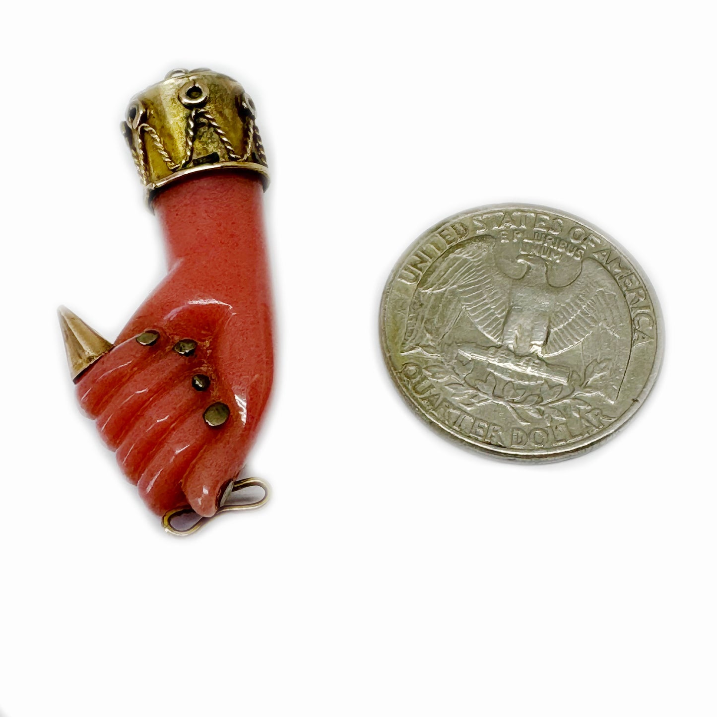 Antique 10K Gold Figa, 1940s, Pink Bakelite, Fist Hand Pendant, Key, Amulet, Charm, Mano Fico Pendant, Figa Charm, Evil Eye 10ct Gold