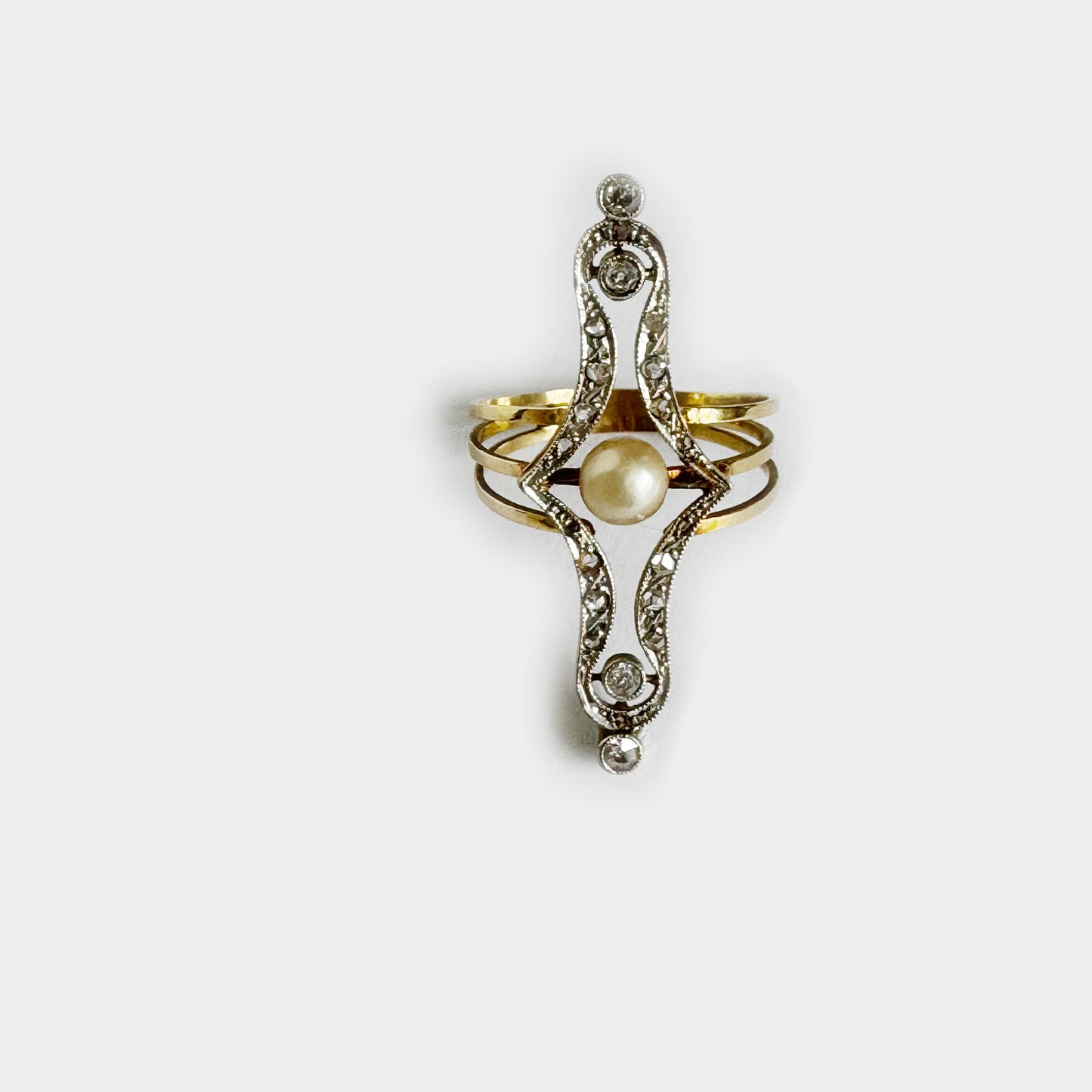 Antique 18k Gold Diamonds Pearl Ring, Art Nouveau 1910 Edwardian Natural Pearl 18 ct Ring, Vintage Cultured Pearl Cut Diamond Ring, 5 grams