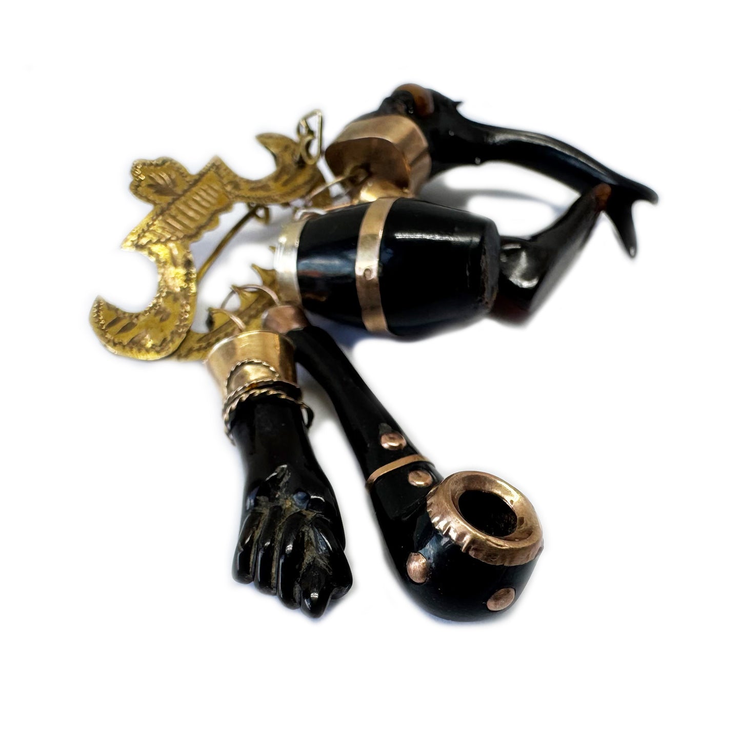 Antique 9k Gold Pin, Late Victorian Penca de Balangandã Brooch, 9ct Gold & Horn Charms, 1800s Colonial Cluster Brooch, Ex Voto Talismans