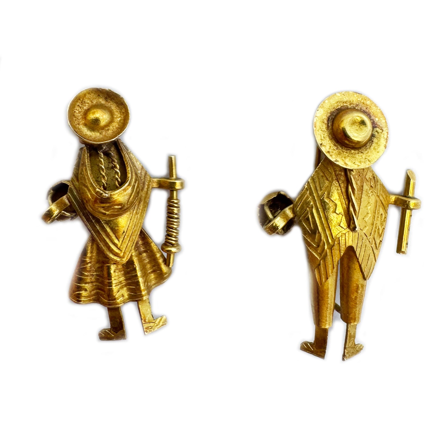 Antique 18k Gold Brooch Pair,  Peruvian Peasant Couple Pins, 18 ct Solid Gold Ethnic Jewellery, Folk Charm c.1900s, South America Treasure