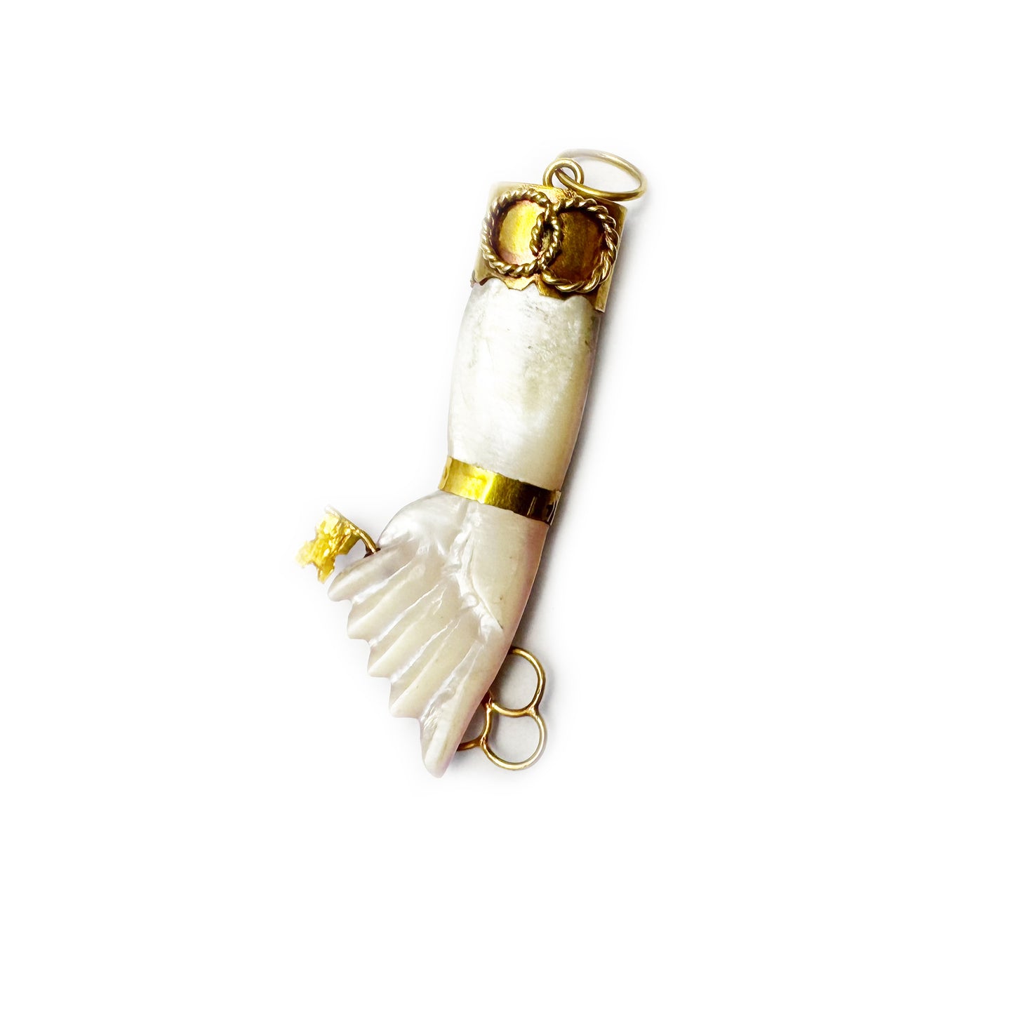 Vintage 18k Gold Abalone Figa Charm, Rare 1950s Mano Figa Pendant, Purple Mother of Pearl Hand 18 ct Gold Key Talisman