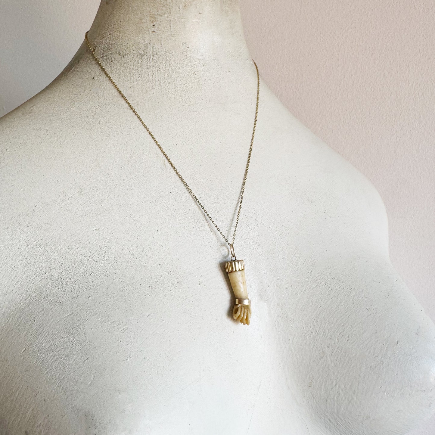 Antique Victorian 14K Gold Bone Figa Hand Charm, 19th Century Talisman Pendant, Amulet for Protection