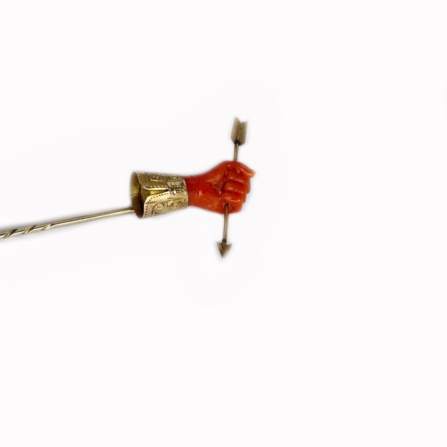 Antique 9k Gold Coral Hand Stick Pin, 9 ct Gold Coral Fist Tie Pin, Coral Figa, Mano Cornuto, Lucky Charm, Orange Coral, Stick-Pin, Figa