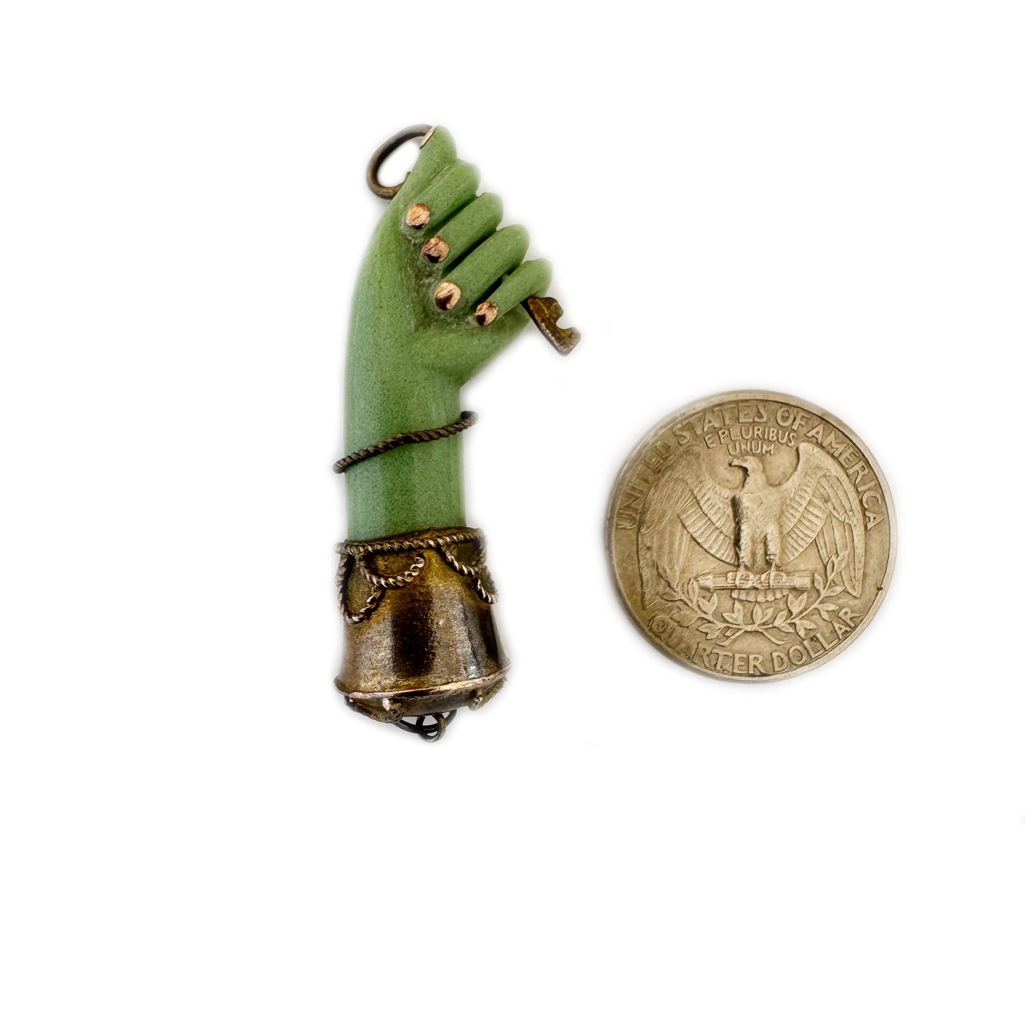 Antique 1940s Figa Pendant, Green Bakelite Mano Fico Charm, Key Amulet for Luck Protection Freedom, Unique Vintage Hand Pendant