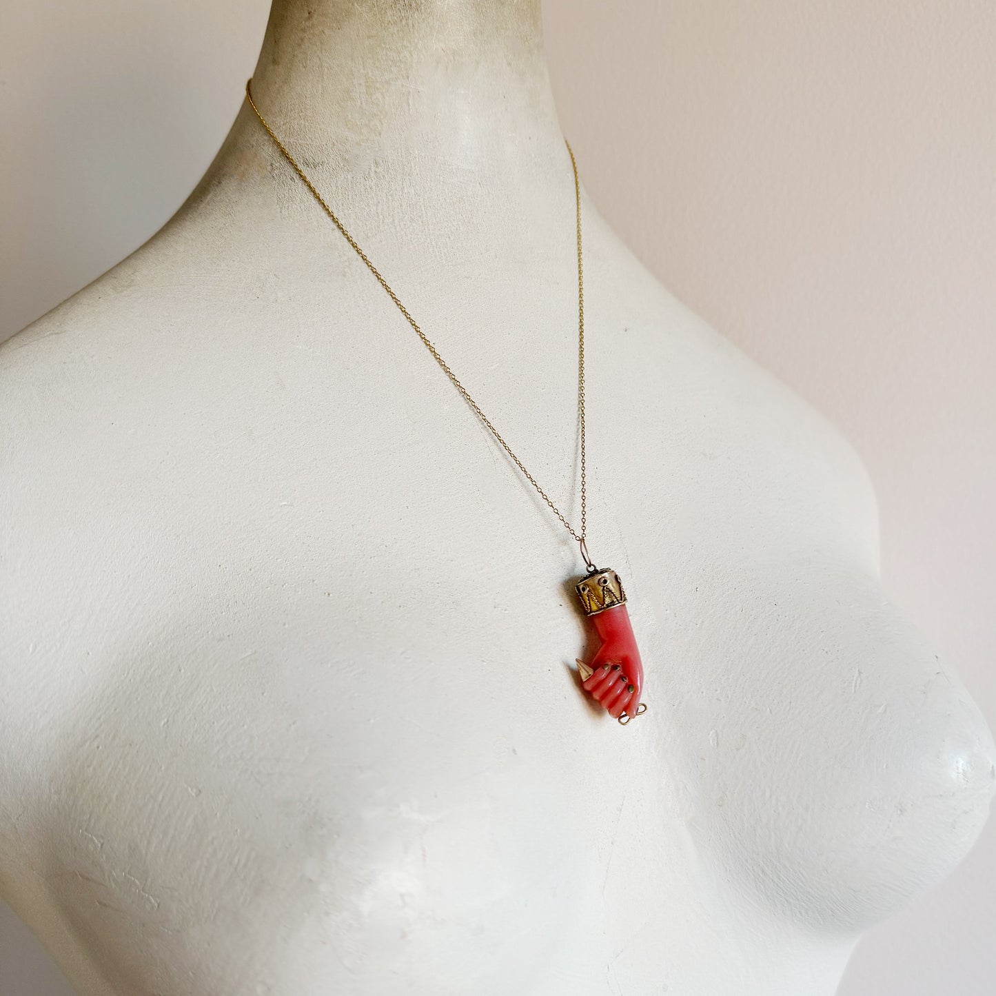 Antique 10K Gold Figa, 1940s, Pink Bakelite, Fist Hand Pendant, Key, Amulet, Charm, Mano Fico Pendant, Figa Charm, Evil Eye 10ct Gold