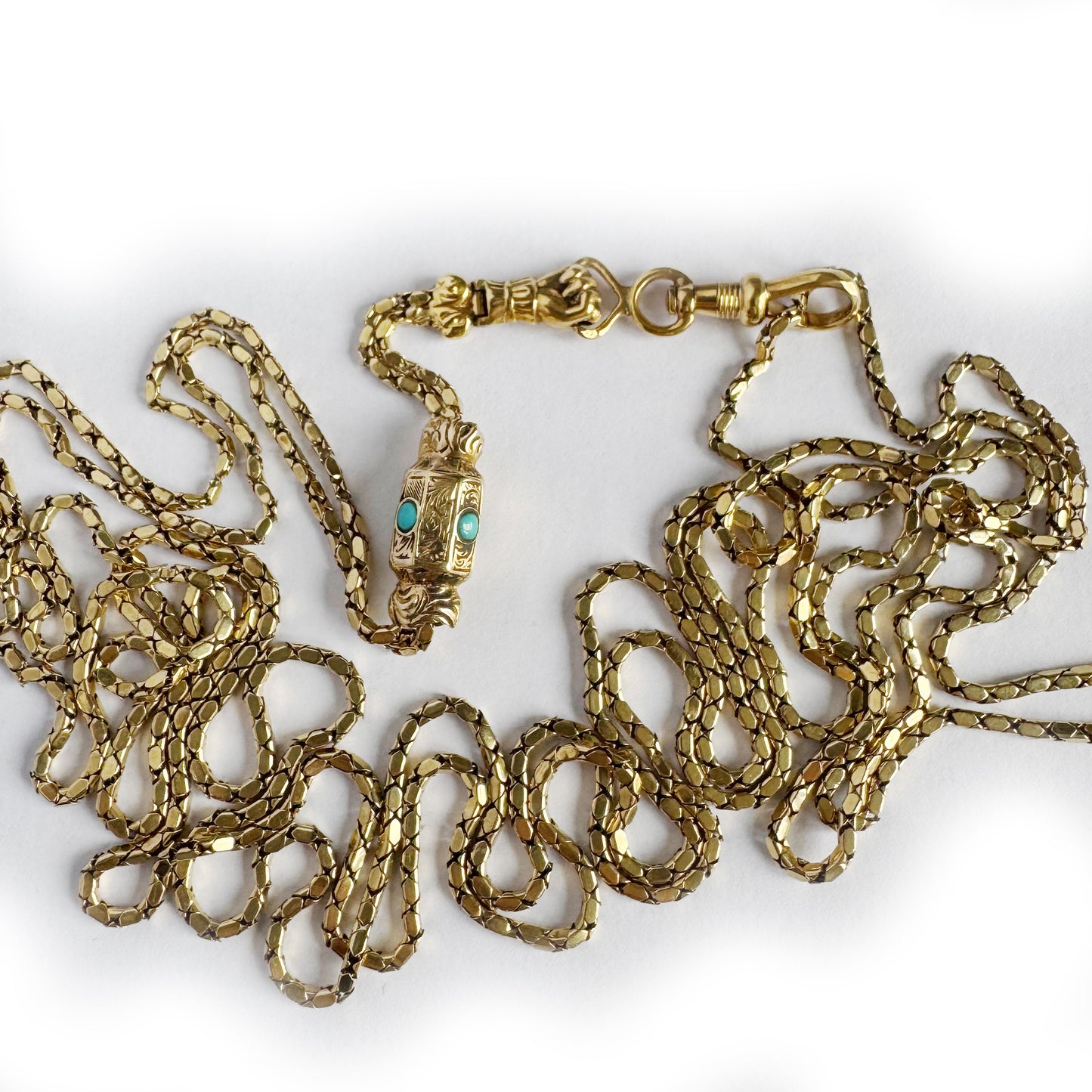 Antique 18k Gold French Guard Chain, Georgian to Early Victorian, Turquoise Slide, Fist Clasp, 18 ct Gold Rare Delicate 19.0 Grams Necklace