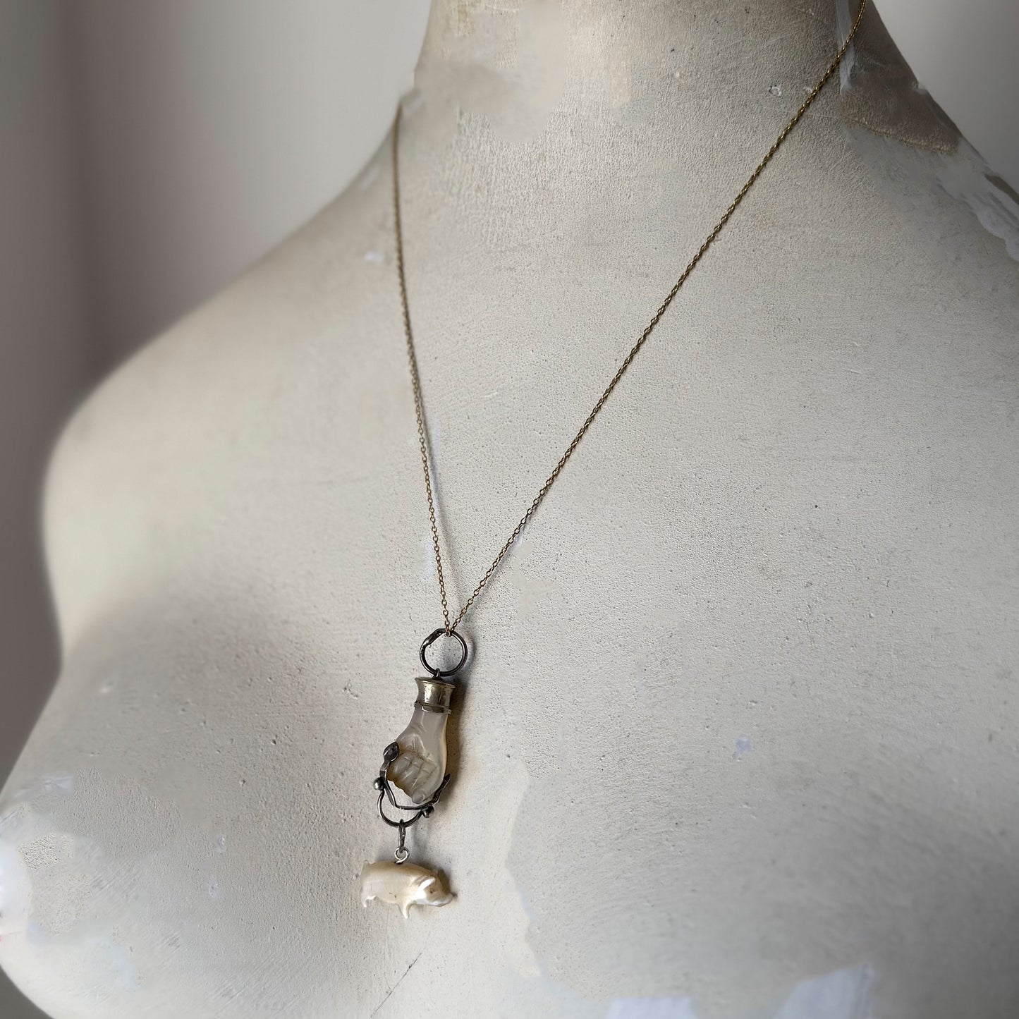 Antique Figa, Carved Mother Of Pearl, Silver Lucky Charm, Fist, Hand Pendant, Amulet, Figa Charm, Mano Figa, Victorian Charm with Pig