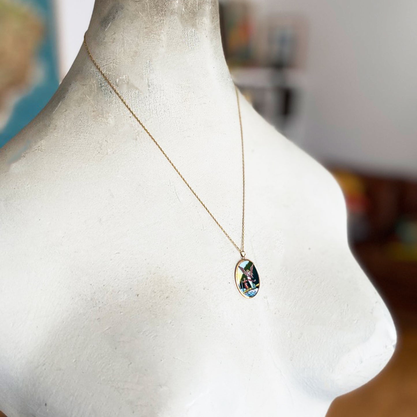 Vintage 9k Gold Enamel Religious Guardian Angel Medal