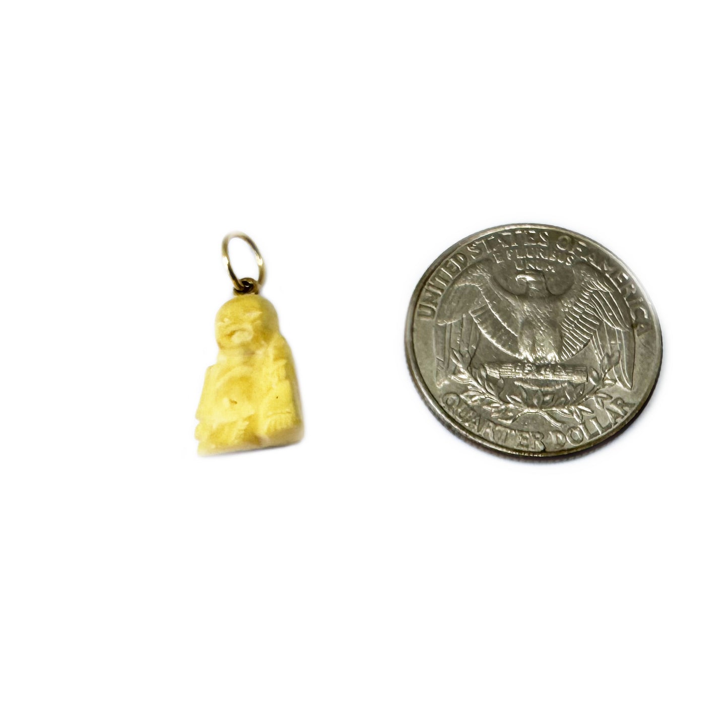 Vintage 18k Bone Laughing Buddha, Carved Bone Buddha Gold Charm, 18 ct Gold Buddha Pendant, Midcentury Coral 18 ct Charm