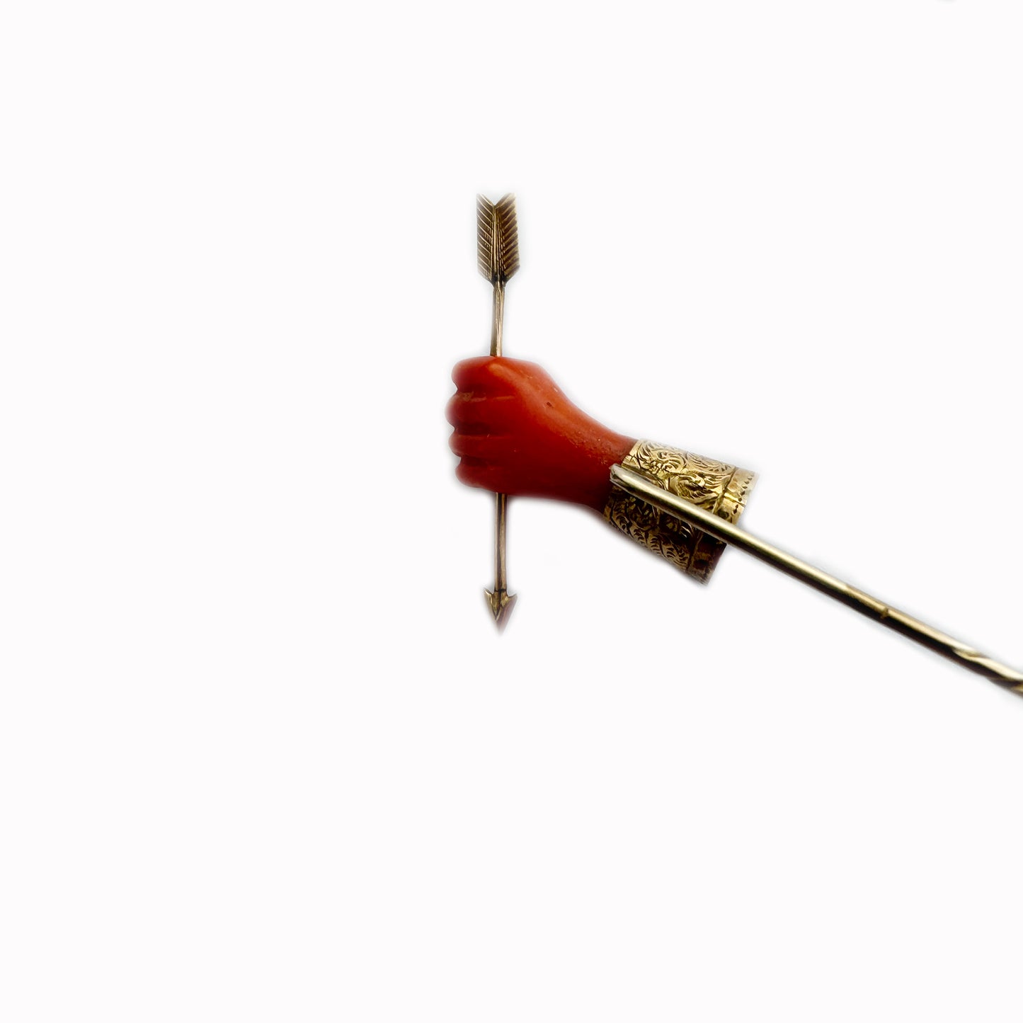 Antique 9k Gold Coral Hand Stick Pin, 9 ct Gold Coral Fist Tie Pin, Coral Figa, Mano Cornuto, Lucky Charm, Orange Coral, Stick-Pin, Figa