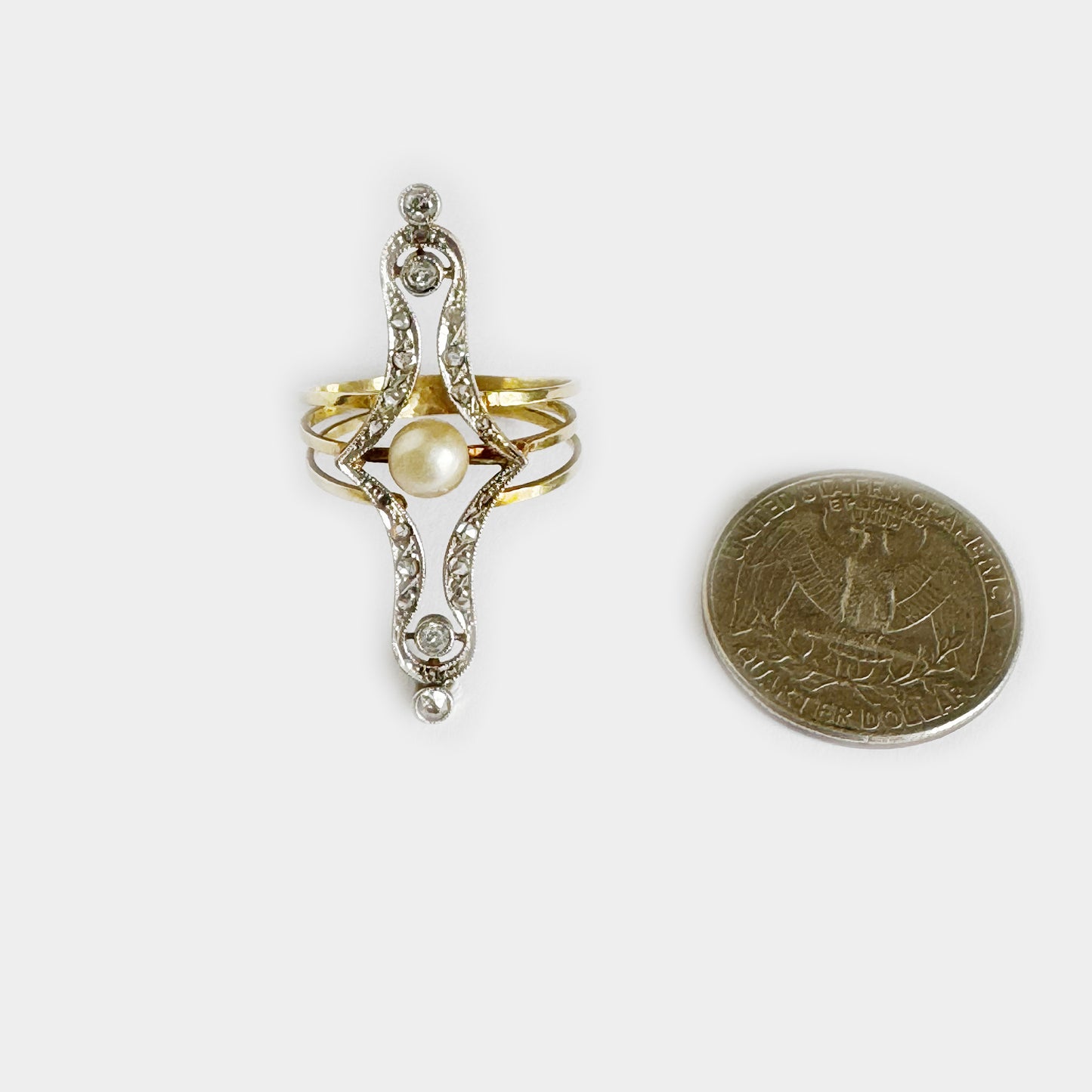 Antique 18k Gold Diamonds Pearl Ring, Art Nouveau 1910 Edwardian Natural Pearl 18 ct Ring, Vintage Cultured Pearl Cut Diamond Ring, 5 grams