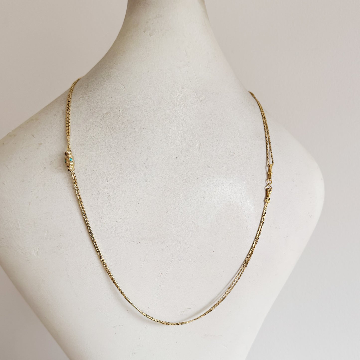 Antique 18k Gold French Guard Chain, Georgian to Early Victorian, Turquoise Slide, Fist Clasp, 18 ct Gold Rare Delicate 19.0 Grams Necklace