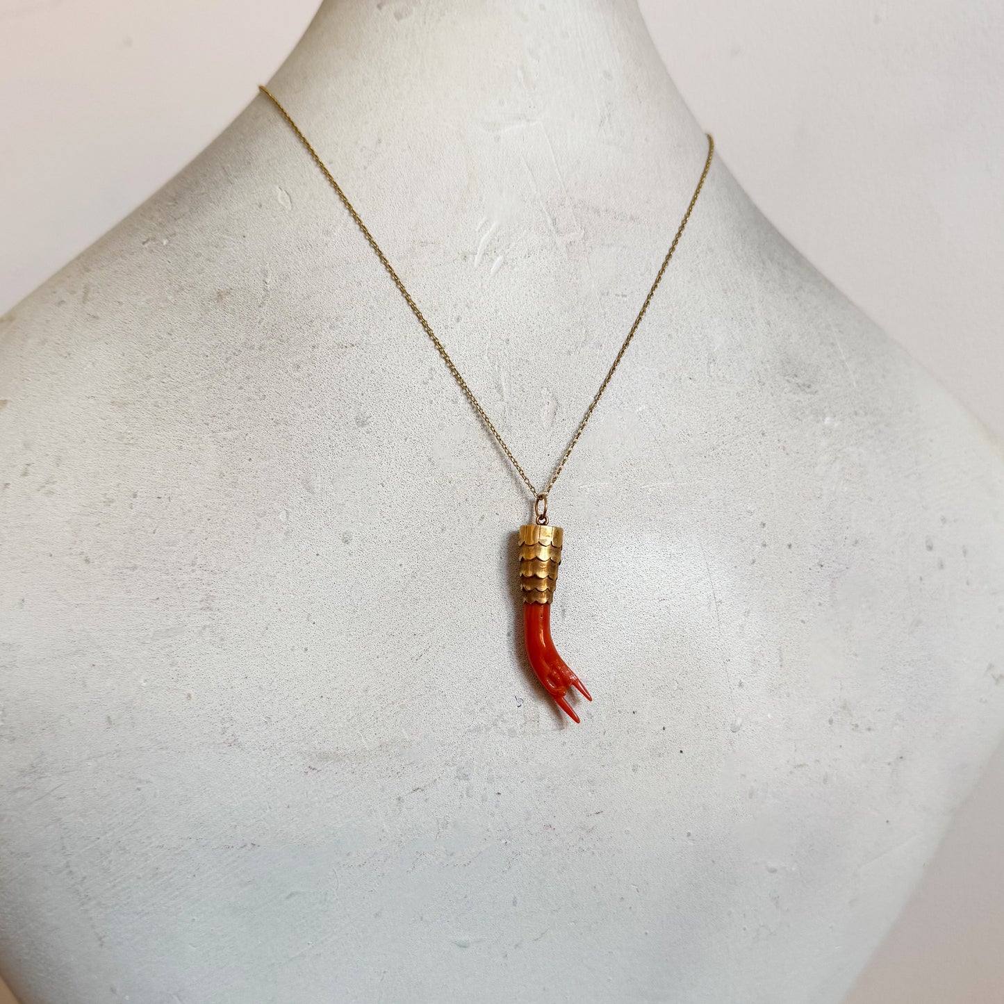 Antique 16k Coral Figa, Horned Hand, 16ct Gold Natural Mediterranean Coral, Lucky Charm, Figa Charm, Articulated, Mano Cornuta, Sign Of Horn