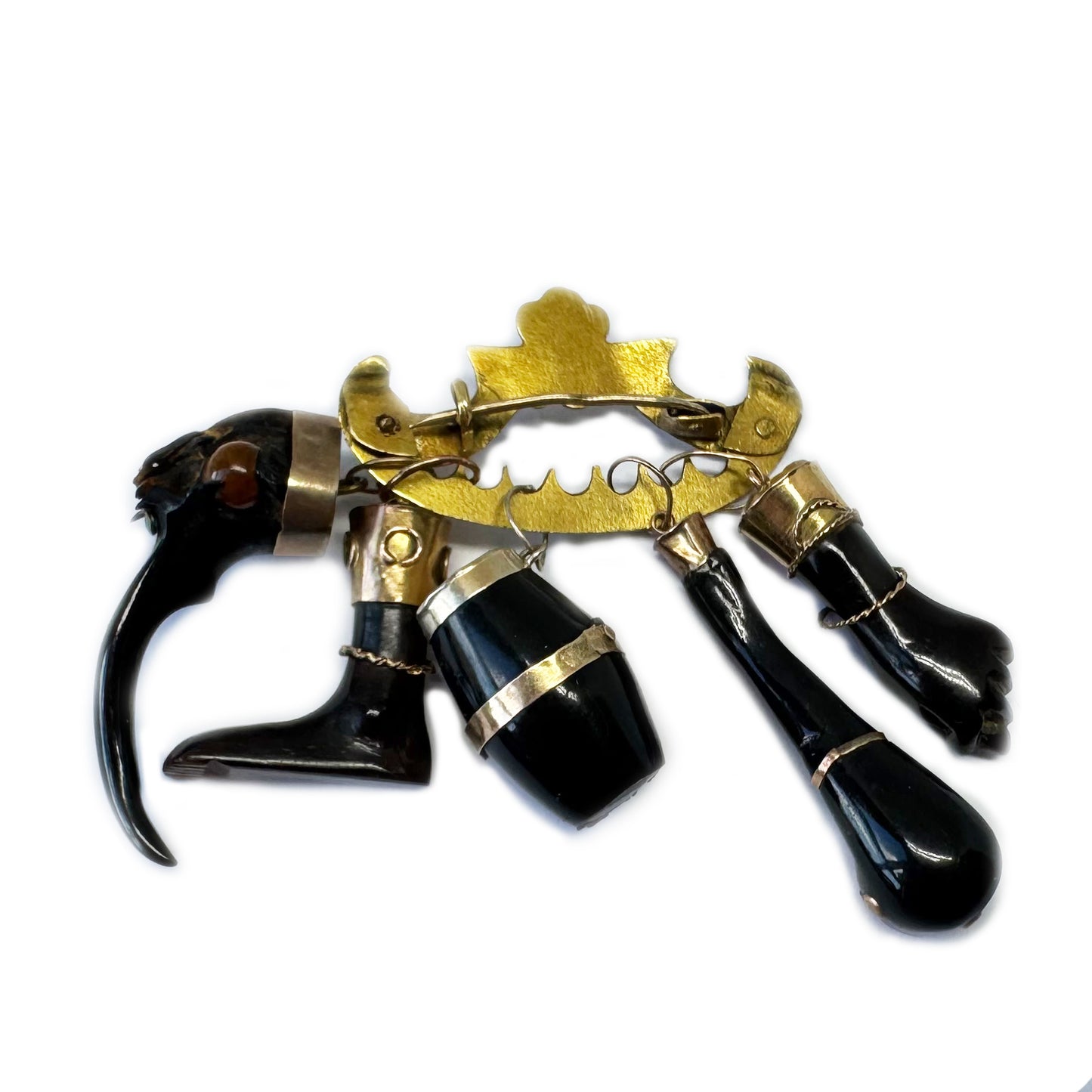 Antique 9k Gold Pin, Late Victorian Penca de Balangandã Brooch, 9ct Gold & Horn Charms, 1800s Colonial Cluster Brooch, Ex Voto Talismans