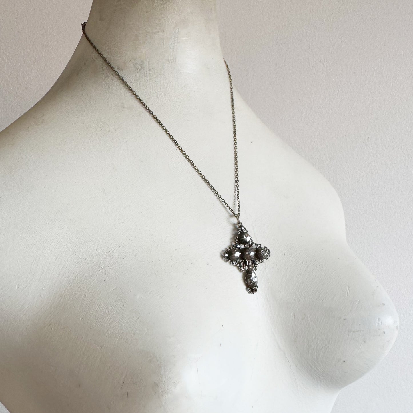 Antique 1700s Silver Diamond Cross Pendant, Baroque, Antique Georgian Old Rose Cut Diamond Cruciform, 18th Century French Old Mine Diamonds