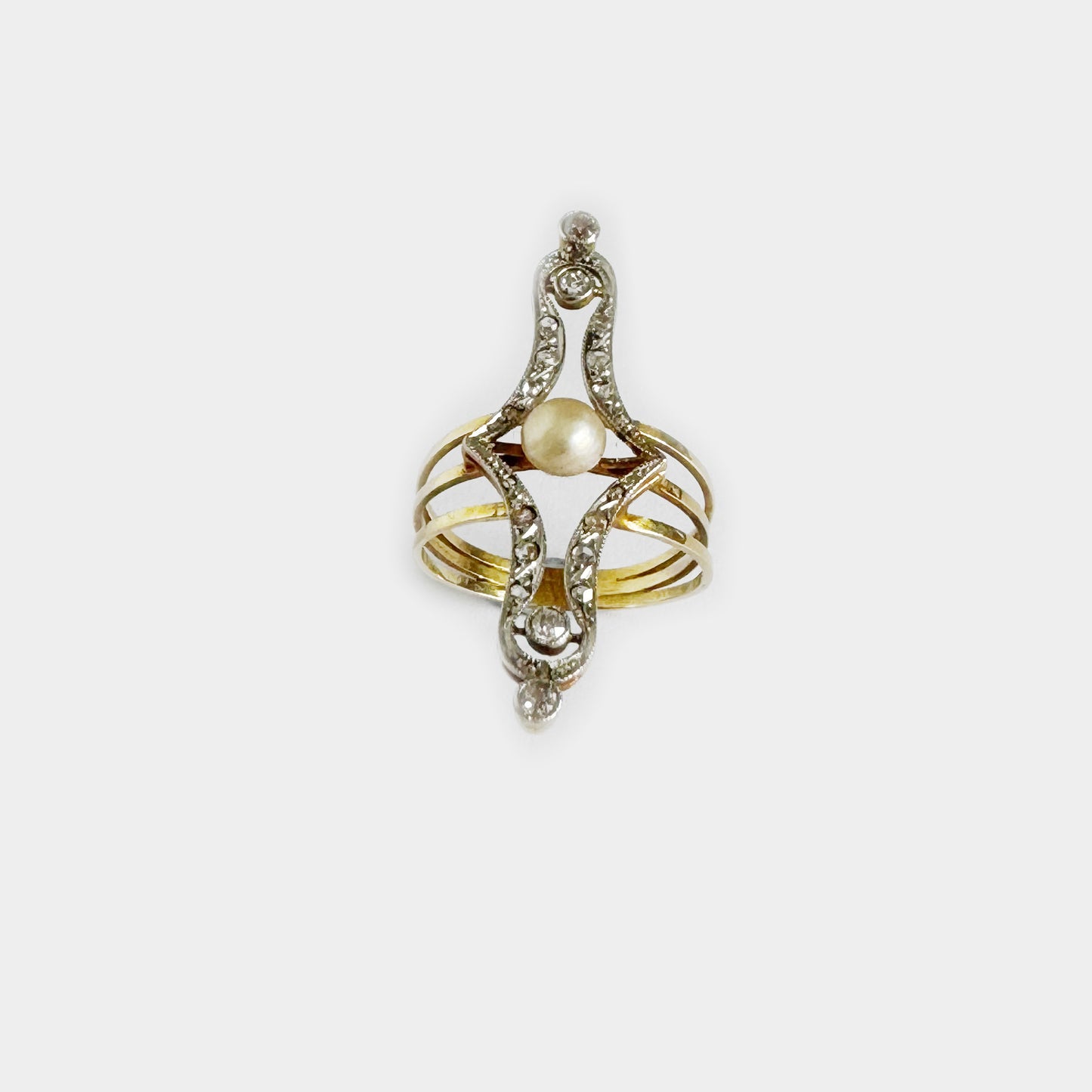 Antique 18k Gold Diamonds Pearl Ring, Art Nouveau 1910 Edwardian Natural Pearl 18 ct Ring, Vintage Cultured Pearl Cut Diamond Ring, 5 grams