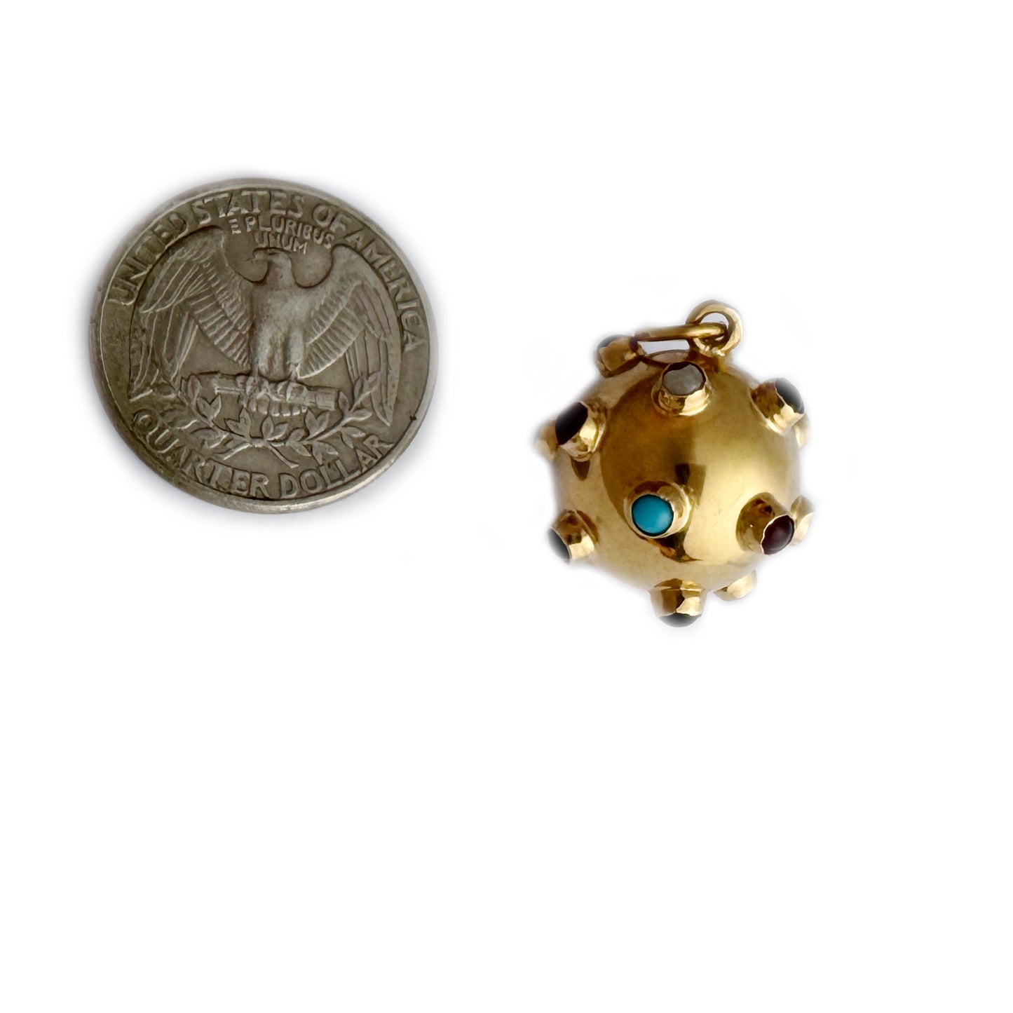 Vintage 19.2k Gold Sputnik Orb Pendant, 1950s Estate Semi-Precious Gemstone Sphere Charm
