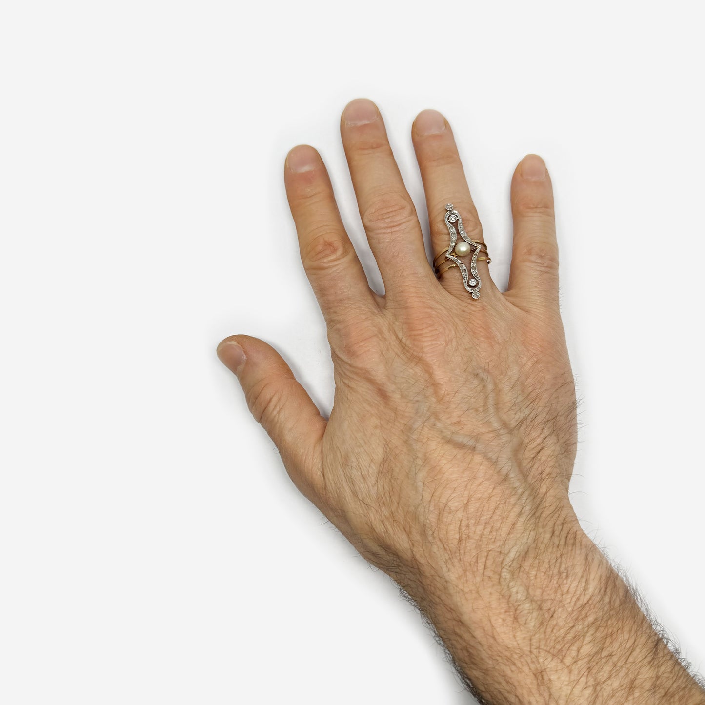 Antique 18k Gold Diamonds Pearl Ring, Art Nouveau 1910 Edwardian Natural Pearl 18 ct Ring, Vintage Cultured Pearl Cut Diamond Ring, 5 grams