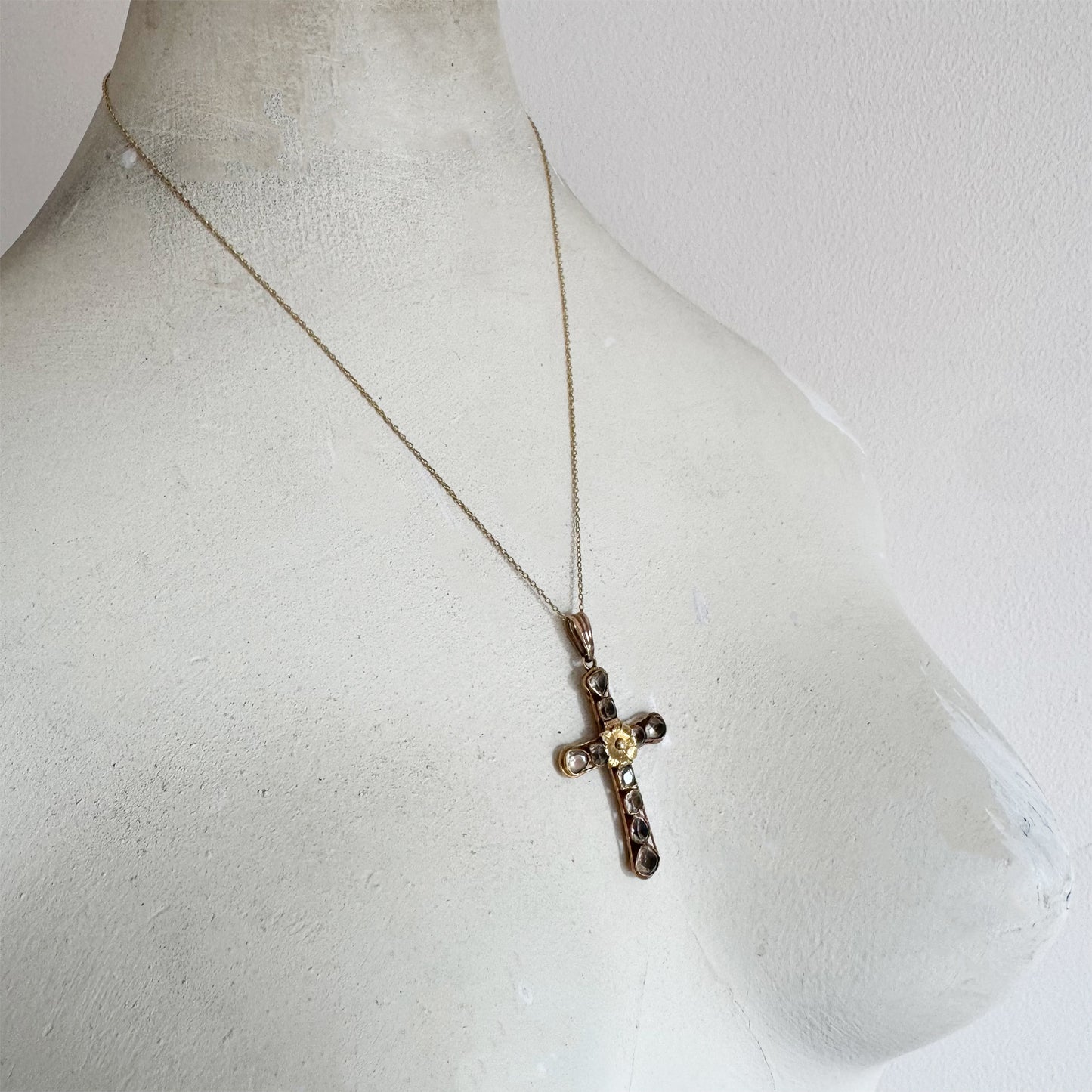 Antique 14k Gold Chrysoberyl Cross, 1700s Portuguese Crucifix Pendant, Georgian Jewellery, Baroque, Colonial Jewelry 18th Century Chrysolite