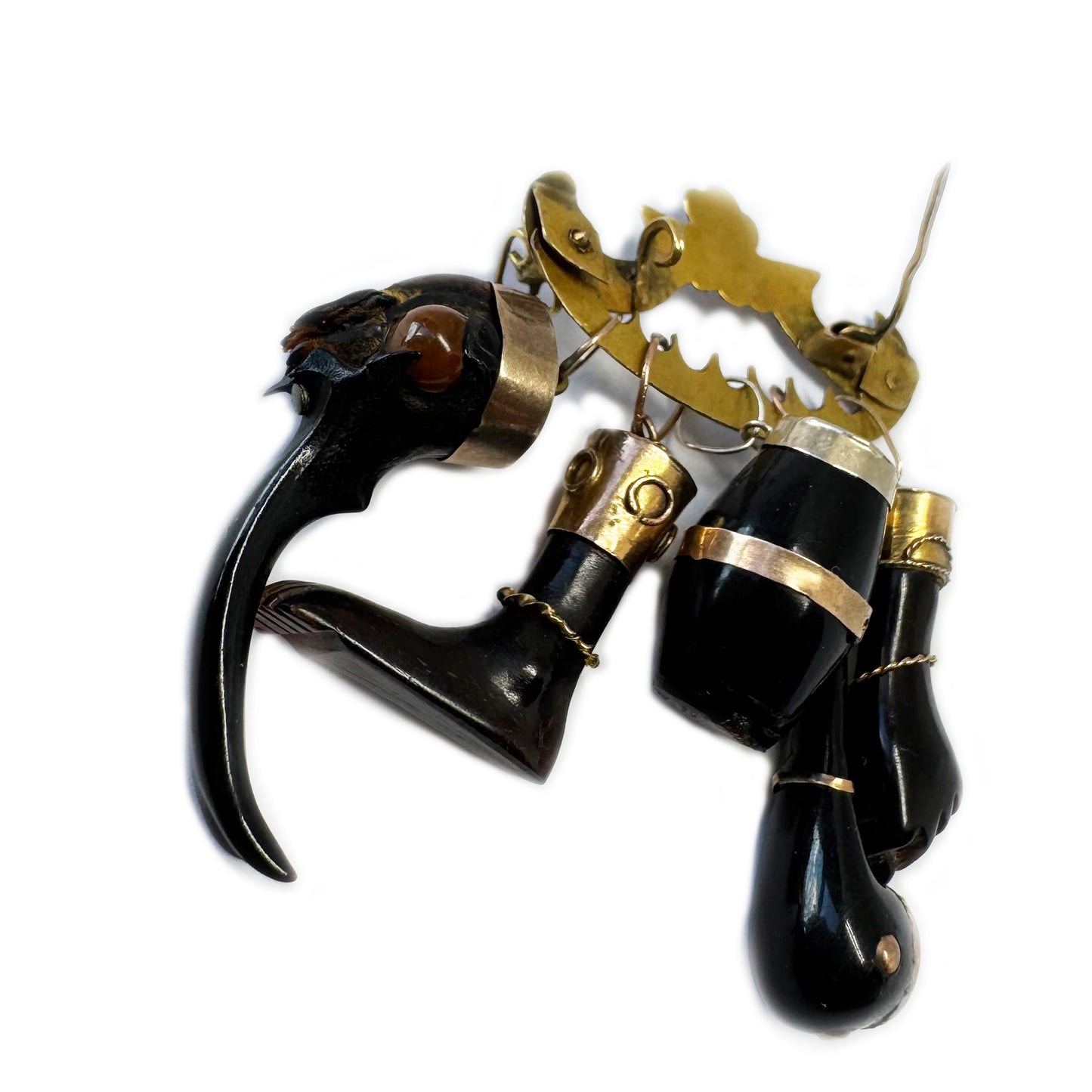 Antique 9k Gold Pin, Late Victorian Penca de Balangandã Brooch, 9ct Gold & Horn Charms, 1800s Colonial Cluster Brooch, Ex Voto Talismans