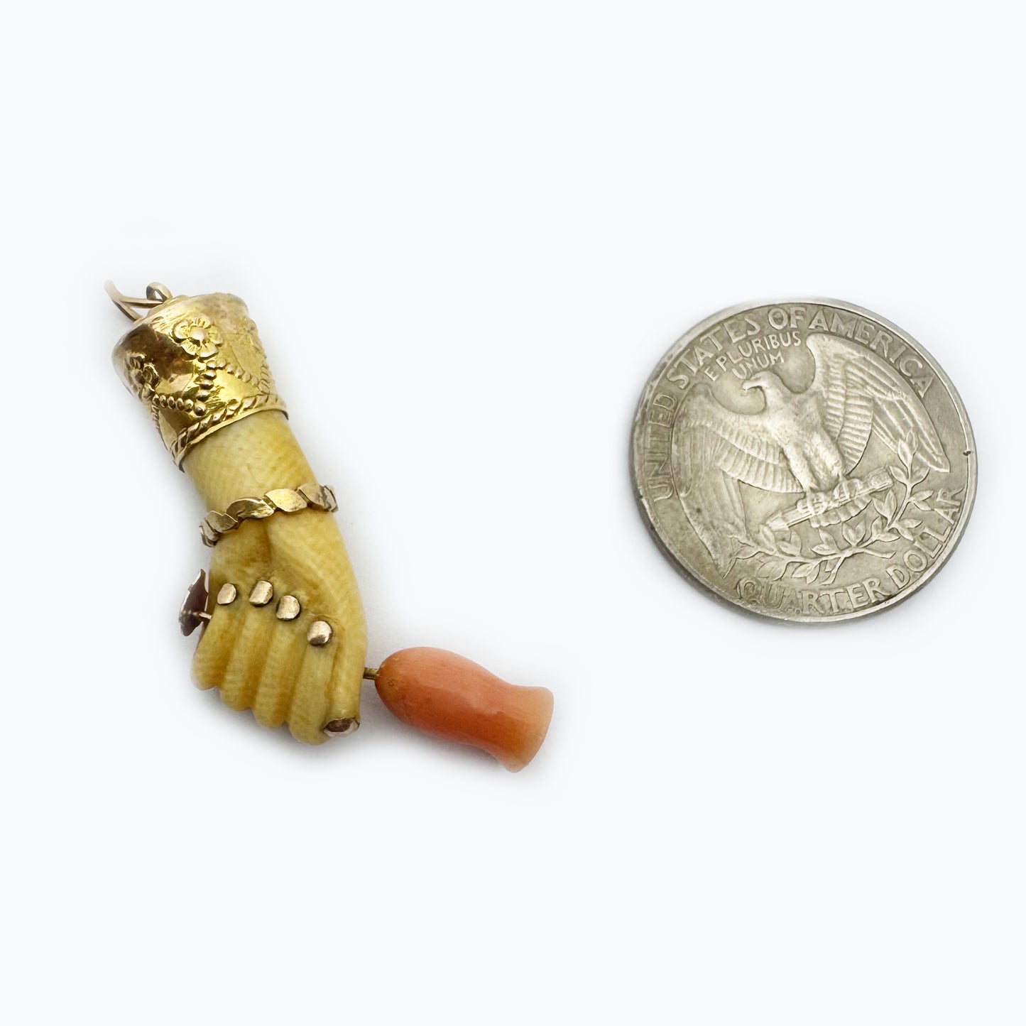 Antique 9k Gold Bone Figa Pendant, Victorian Coral Flower Amulet