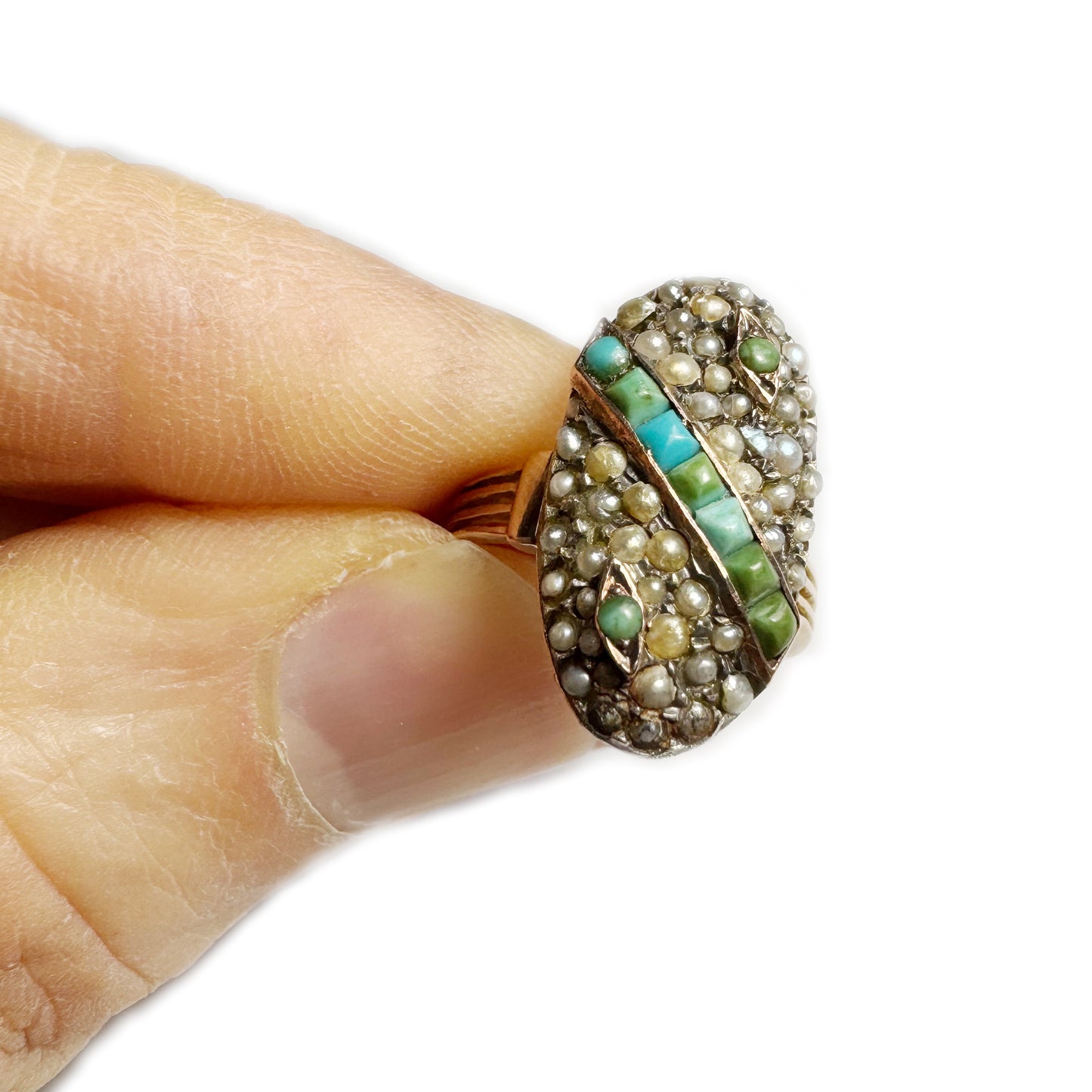 Antique 18K Gold Ring, Pearl & Turquoise Navette Ring, Uncleaned Victorian Era Jewellery , Size US 5 / UK J , 3.9 grams, 19th Century Ring