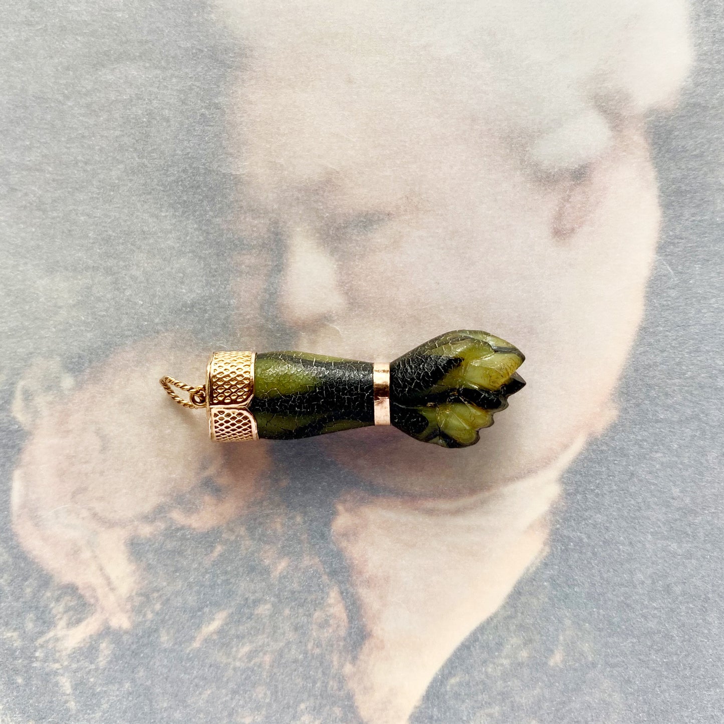 Vintage 9k Gold Green 1960s Resin Figa Charm