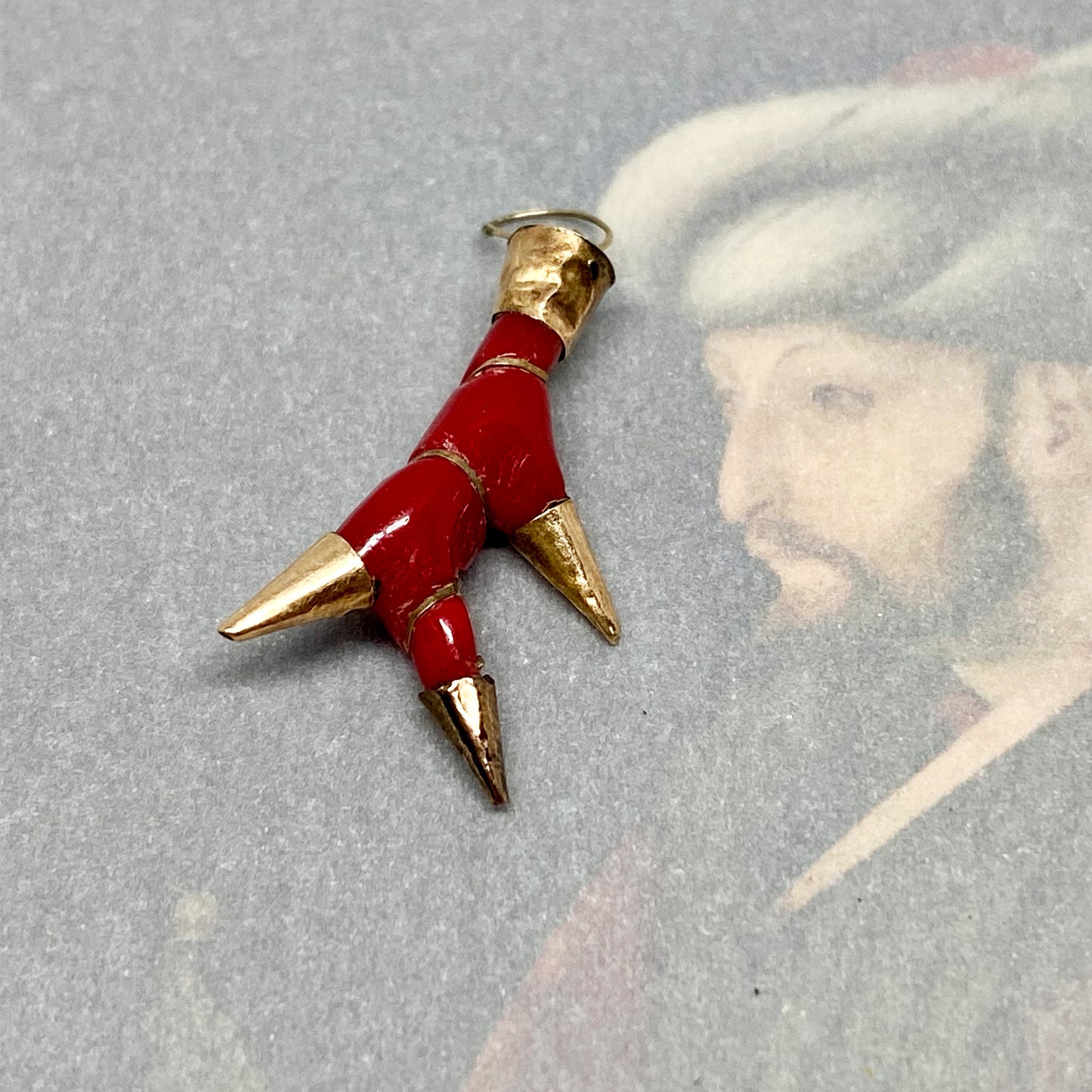 Antique 9k Gold Red Faux Coral Branch Bakelite Pendant