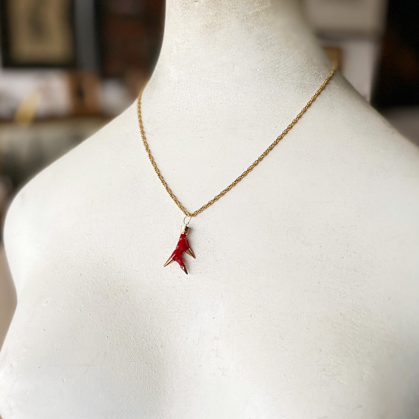 Antique 9k Gold Red Faux Coral Branch Bakelite Pendant
