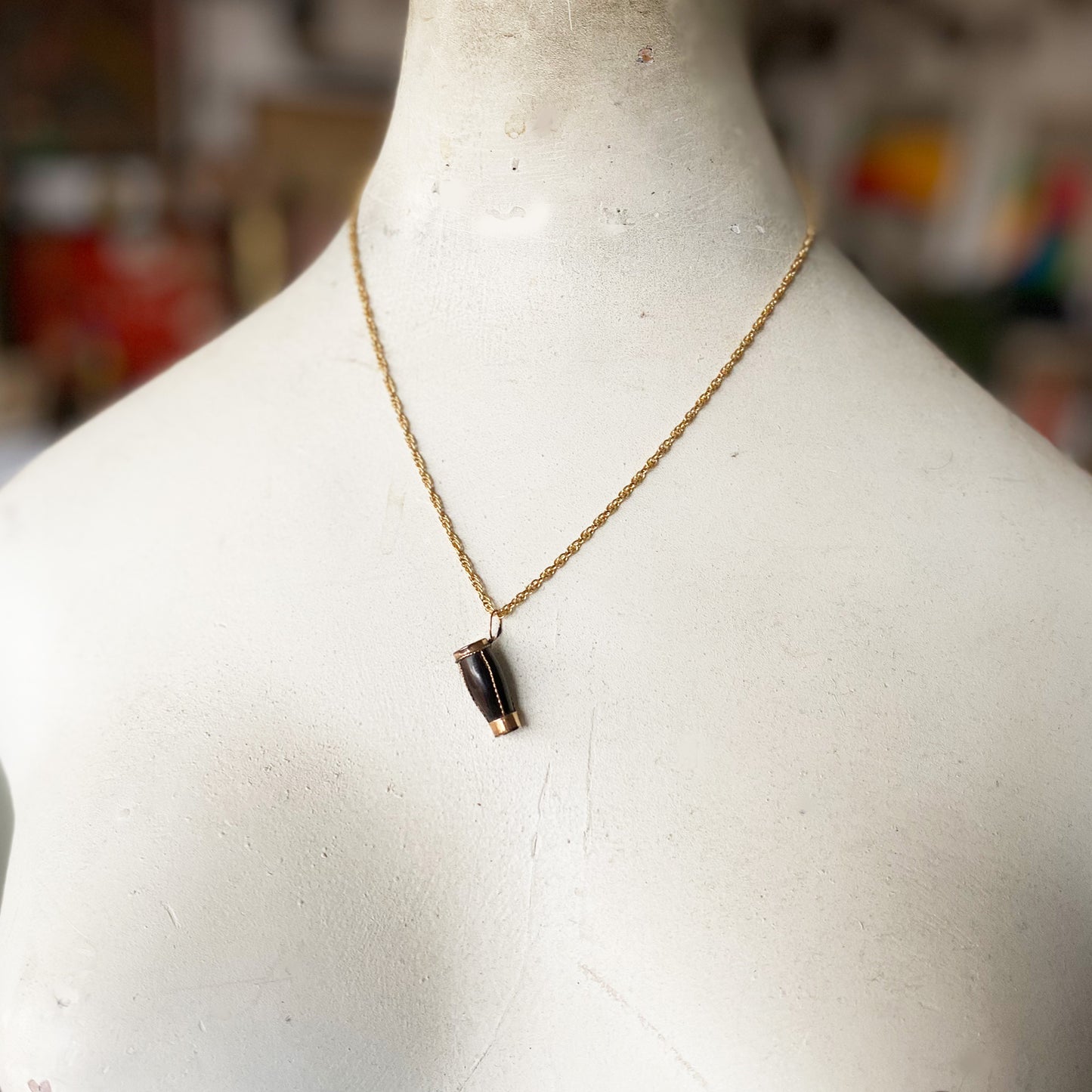 Antique 9k Gold Resin Black Drum Pendant