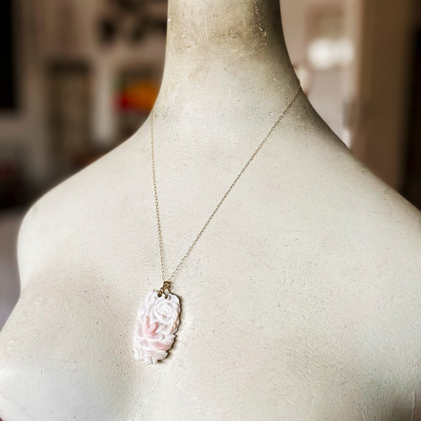 Vintage 9k Gold Angel Skin Deeply Carved Natural Coral Pendant