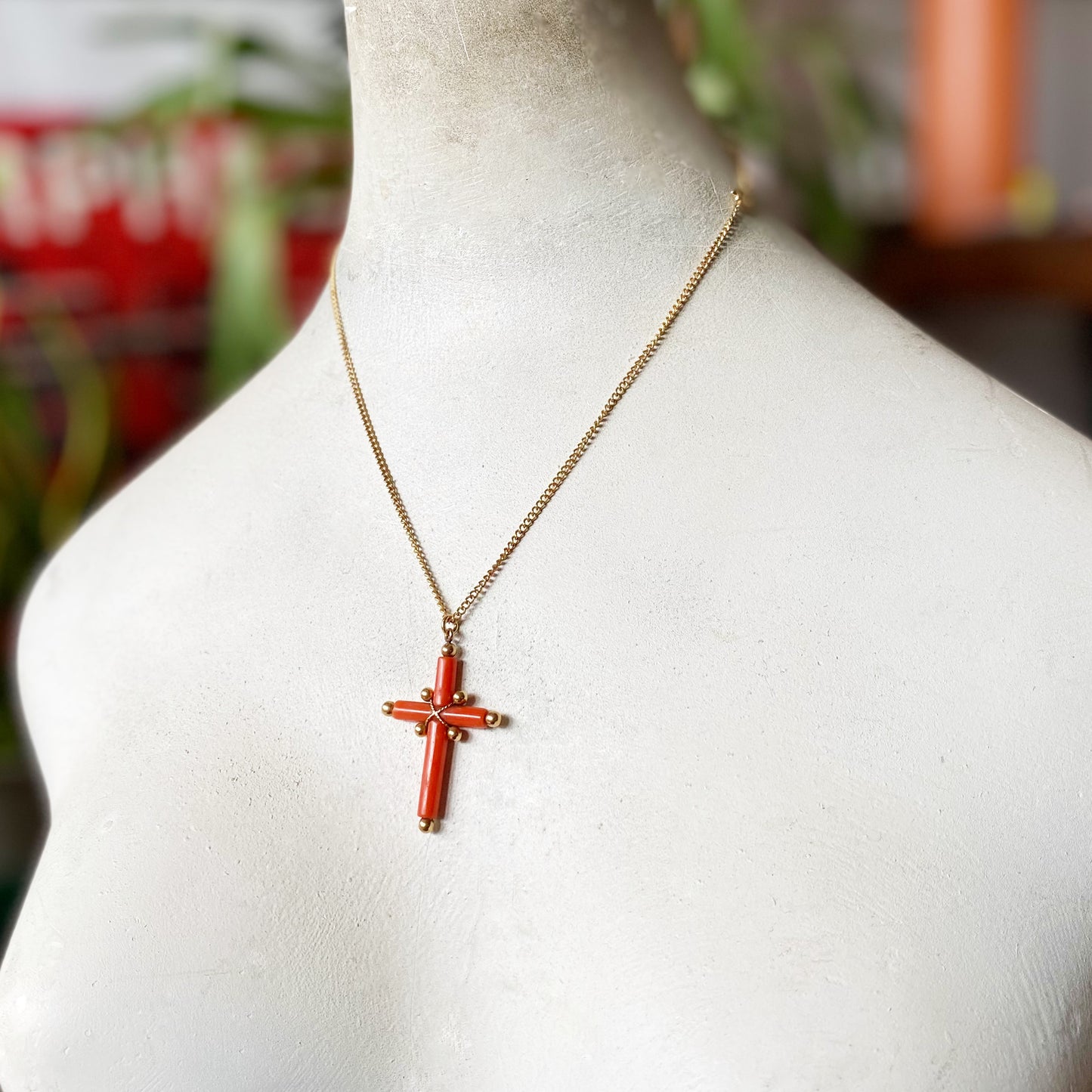 Antique Victorian 18k Gold Natural Coral Cross